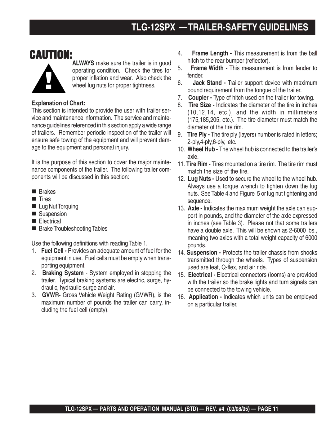 Multiquip operation manual TLG-12SPX -TRAILER-SAFETY Guidelines, Explanation of Chart 