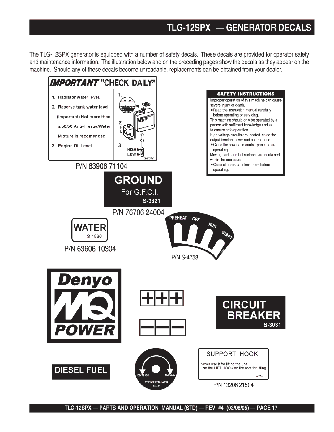 Multiquip operation manual TLG-12SPX Generator Decals 