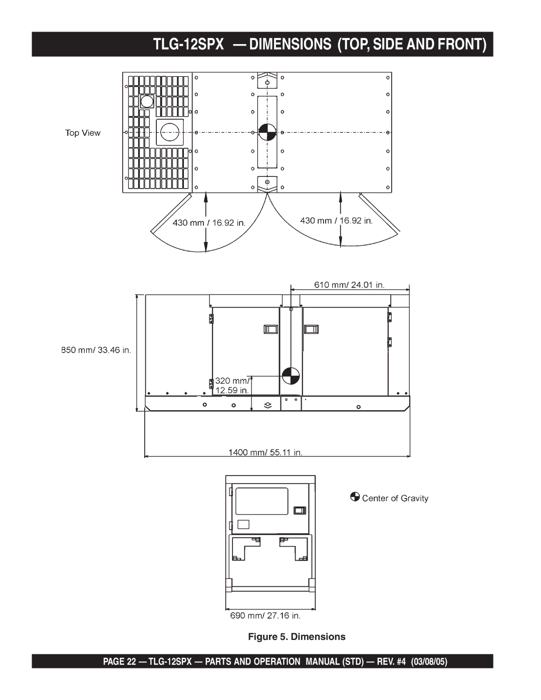 Multiquip operation manual TLG-12SPX Dimensions TOP, Side and Front 