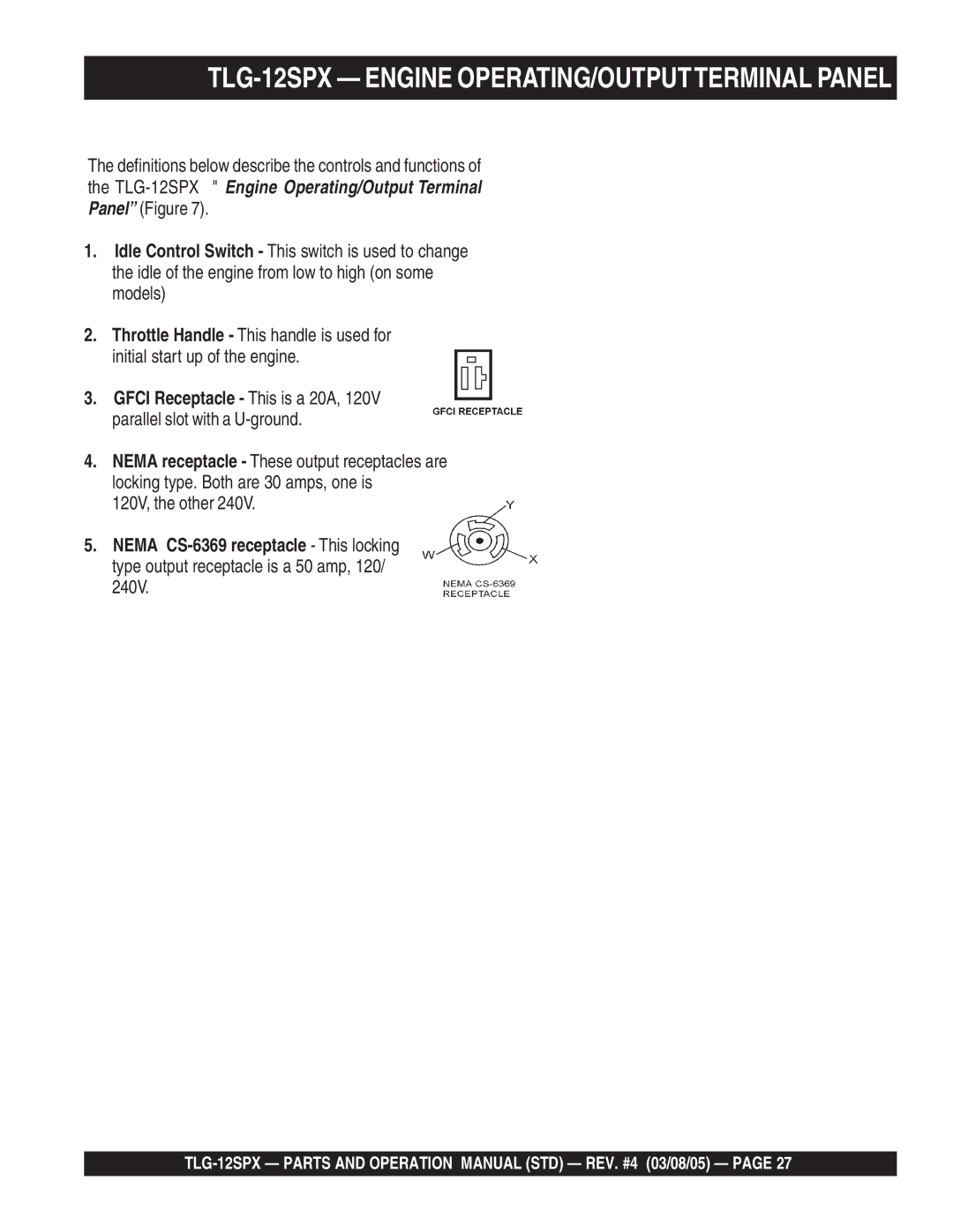 Multiquip operation manual TLG-12SPX Engine OPERATING/OUTPUTTERMINAL Panel 