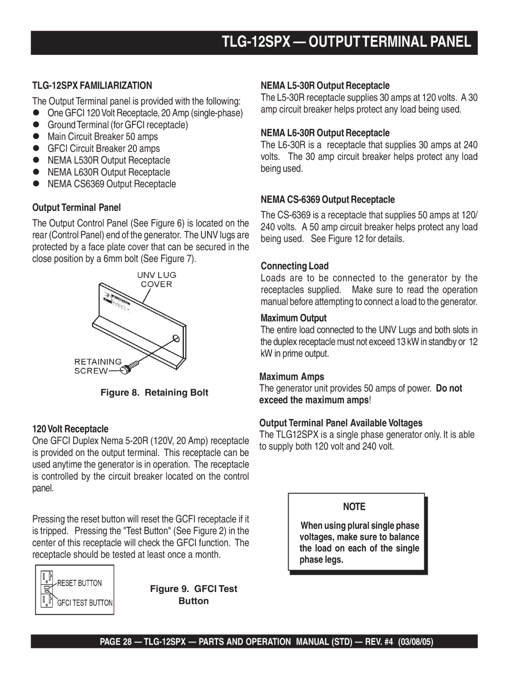 Multiquip operation manual TLG-12SPX Outputterminal Panel 