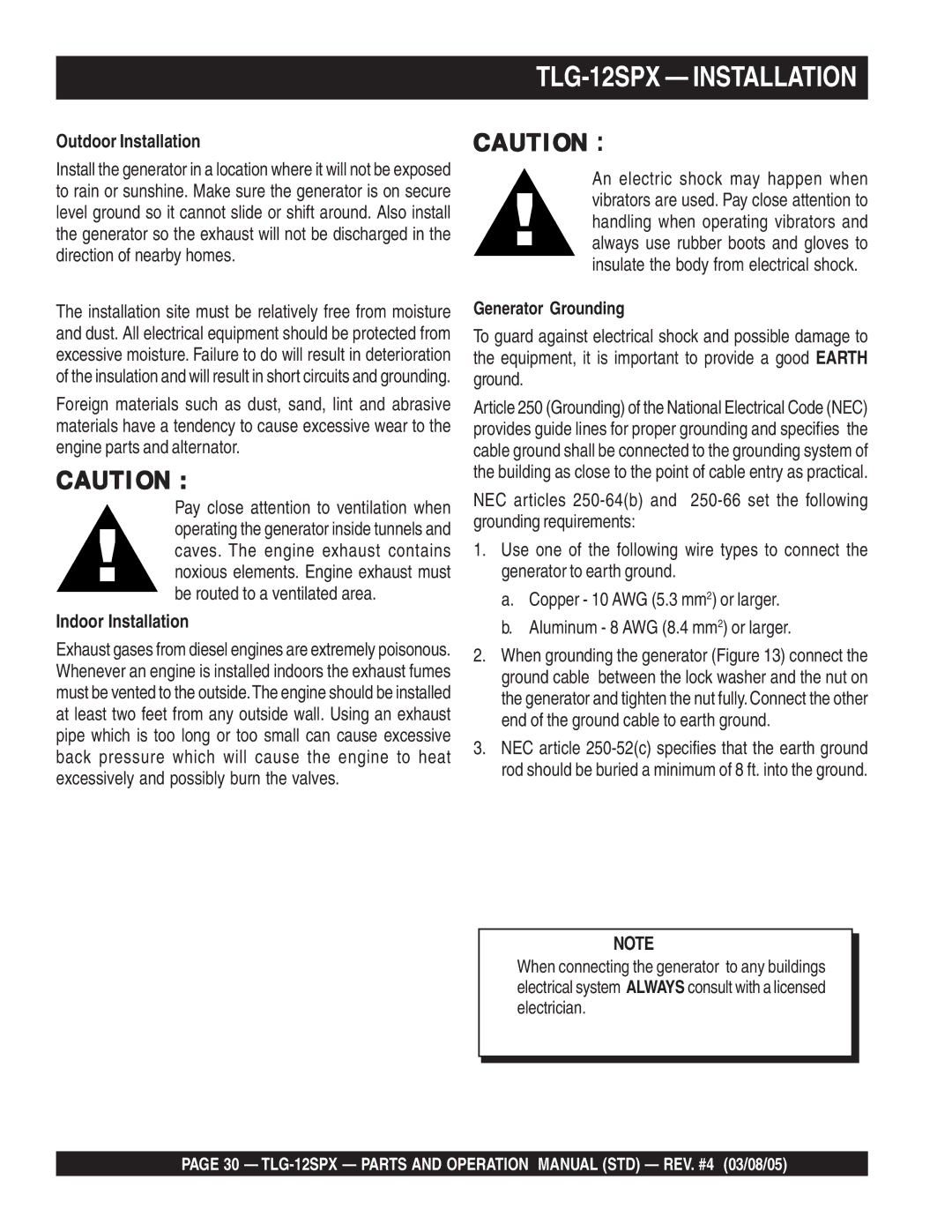 Multiquip operation manual TLG-12SPX Installation, Outdoor Installation, Indoor Installation 