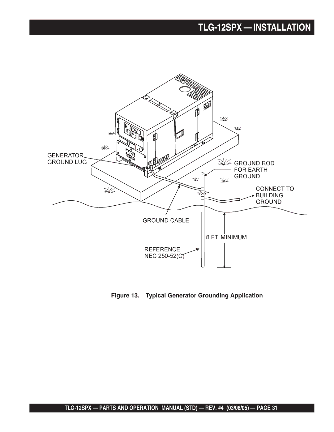 Multiquip operation manual TLG-12SPX Installation, Typical Generator Grounding Application 