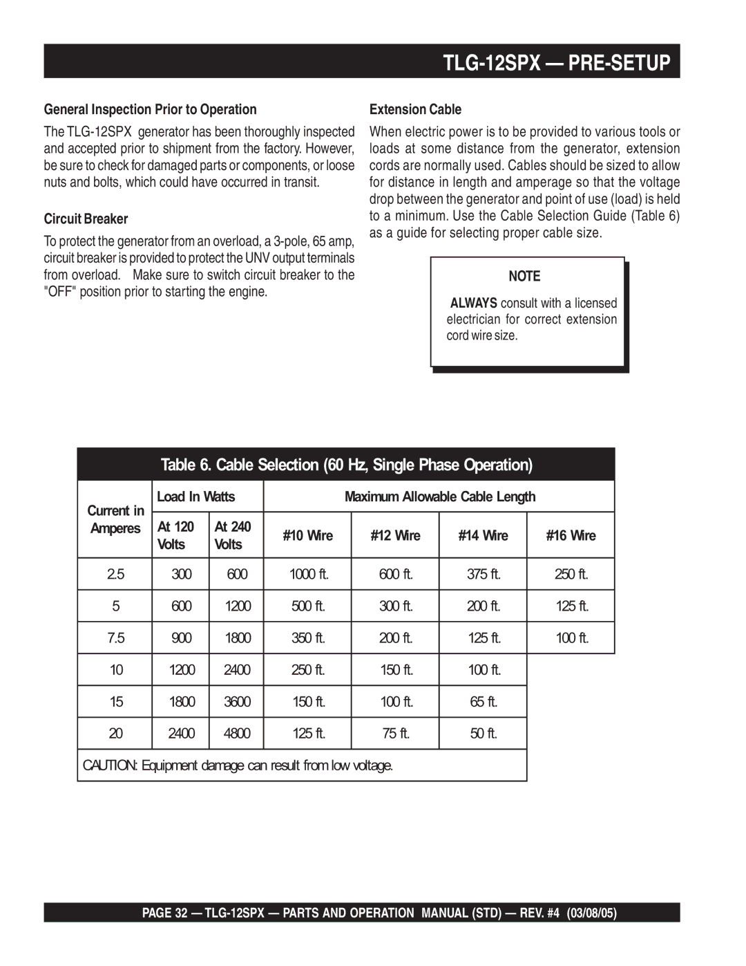 Multiquip operation manual TLG-12SPX PRE-SETUP, General Inspection Prior to Operation, Circuit Breaker, Extension Cable 