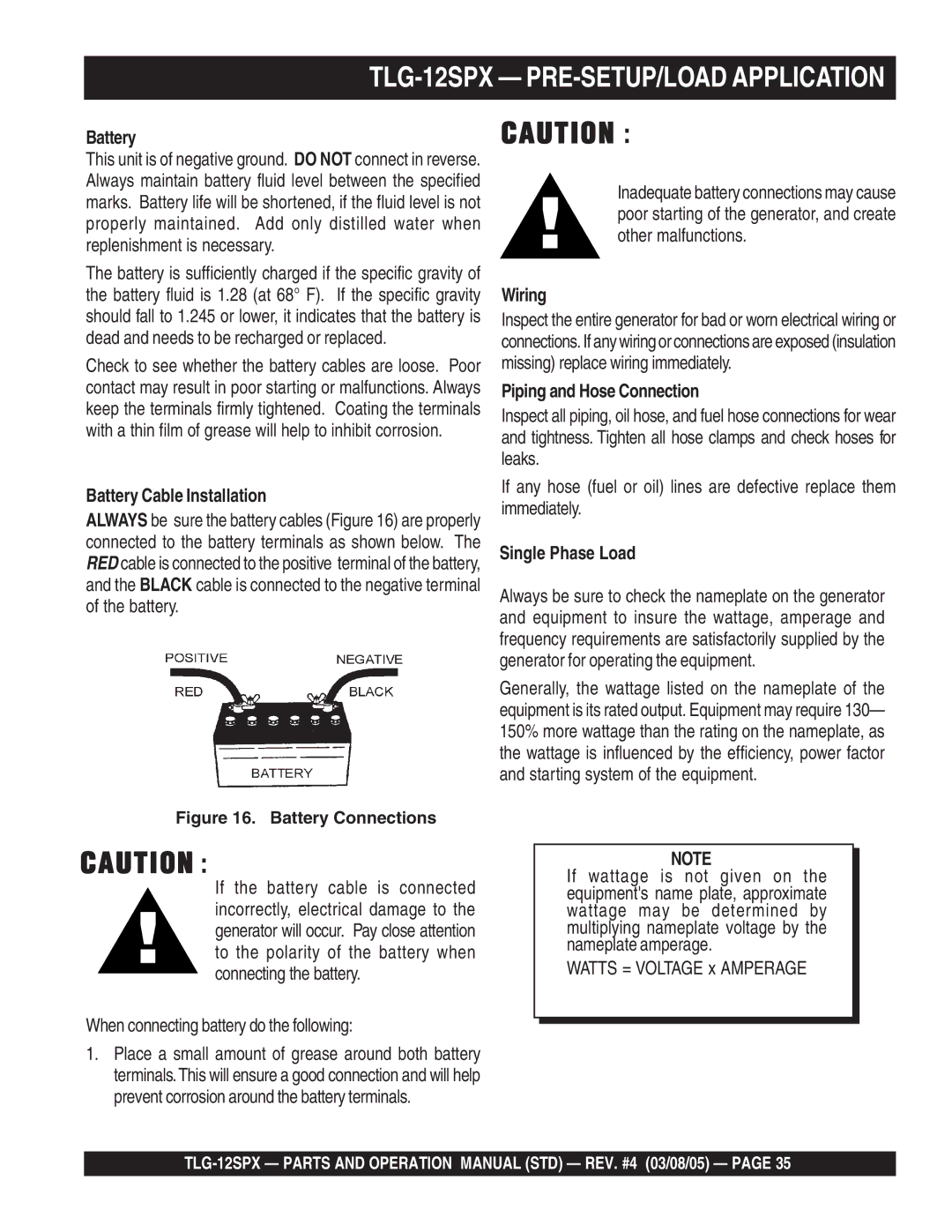 Multiquip TLG-12SPX operation manual Battery Cable Installation, Wiring, Piping and Hose Connection, Single Phase Load 