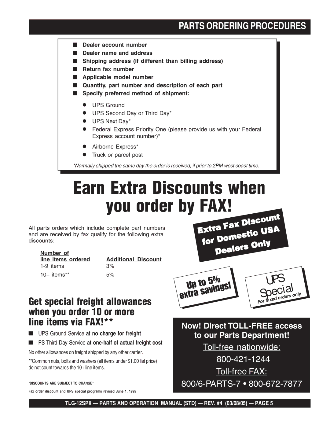 Multiquip TLG-12SPX operation manual Earn Extra Discounts when You order by FAX, Parts Ordering Procedures 