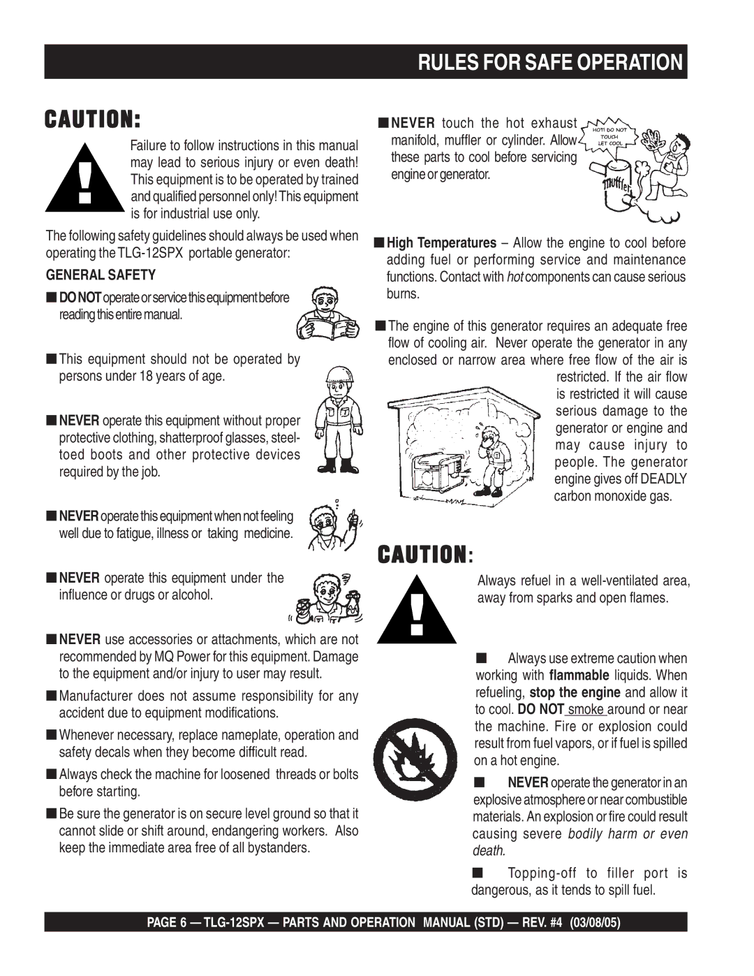 Multiquip TLG-12SPX operation manual Rules for Safe Operation, General Safety 