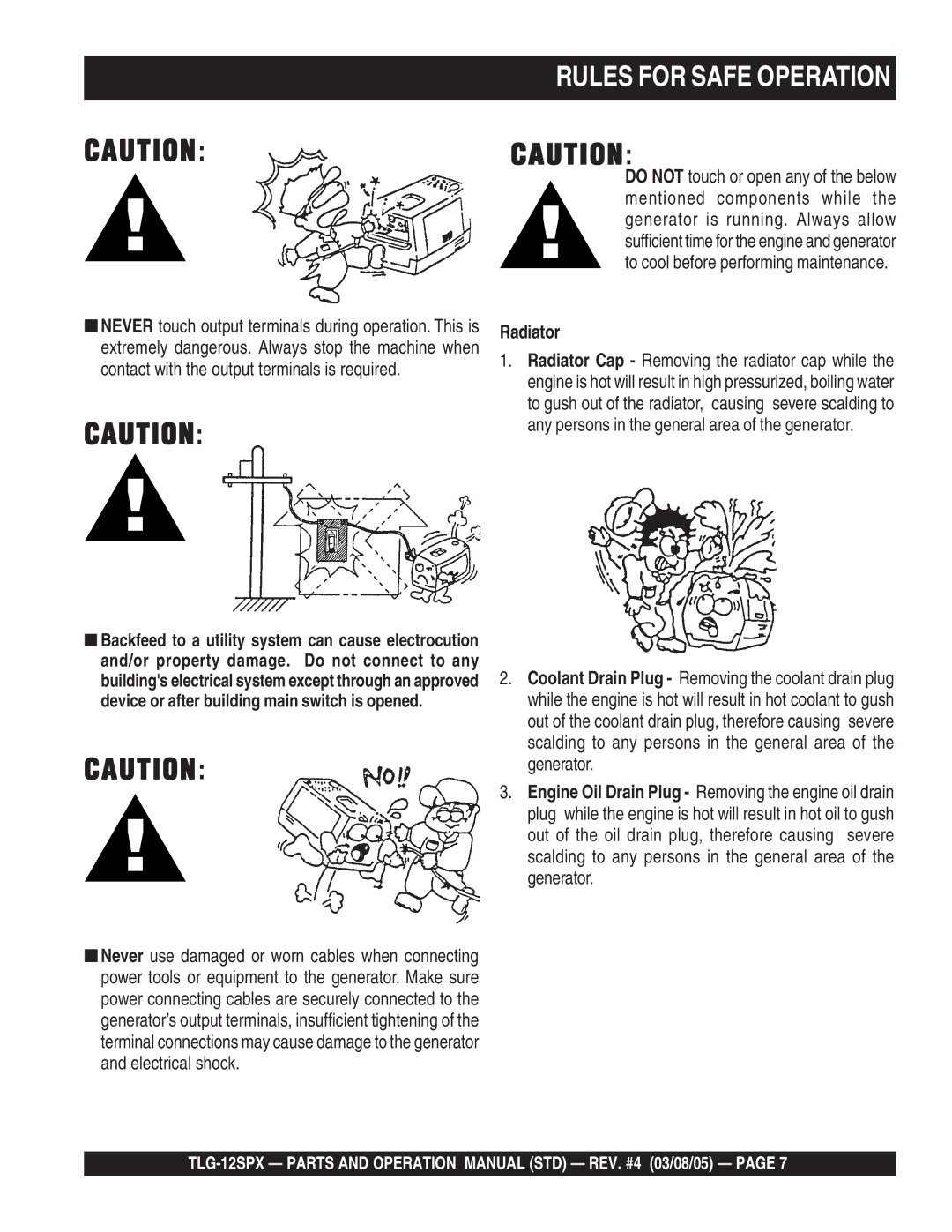 Multiquip TLG-12SPX operation manual Rules for Safe Operation, Radiator 