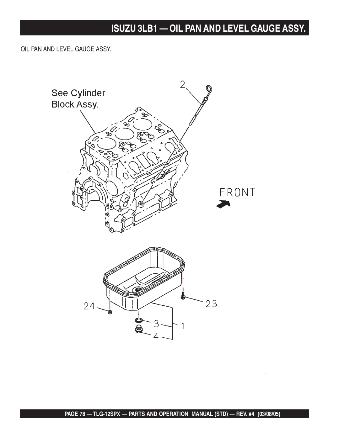 Multiquip TLG-12SPX operation manual Isuzu 3LB1 OIL PAN and Level Gauge Assy 