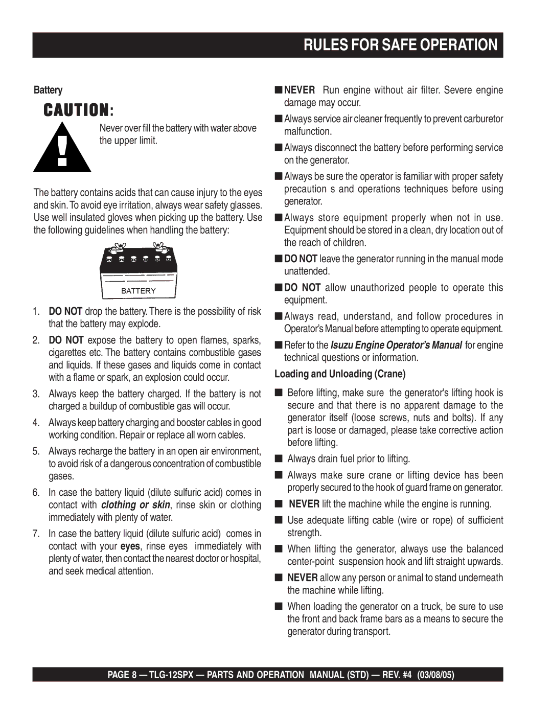 Multiquip TLG-12SPX operation manual Battery, Loading and Unloading Crane 