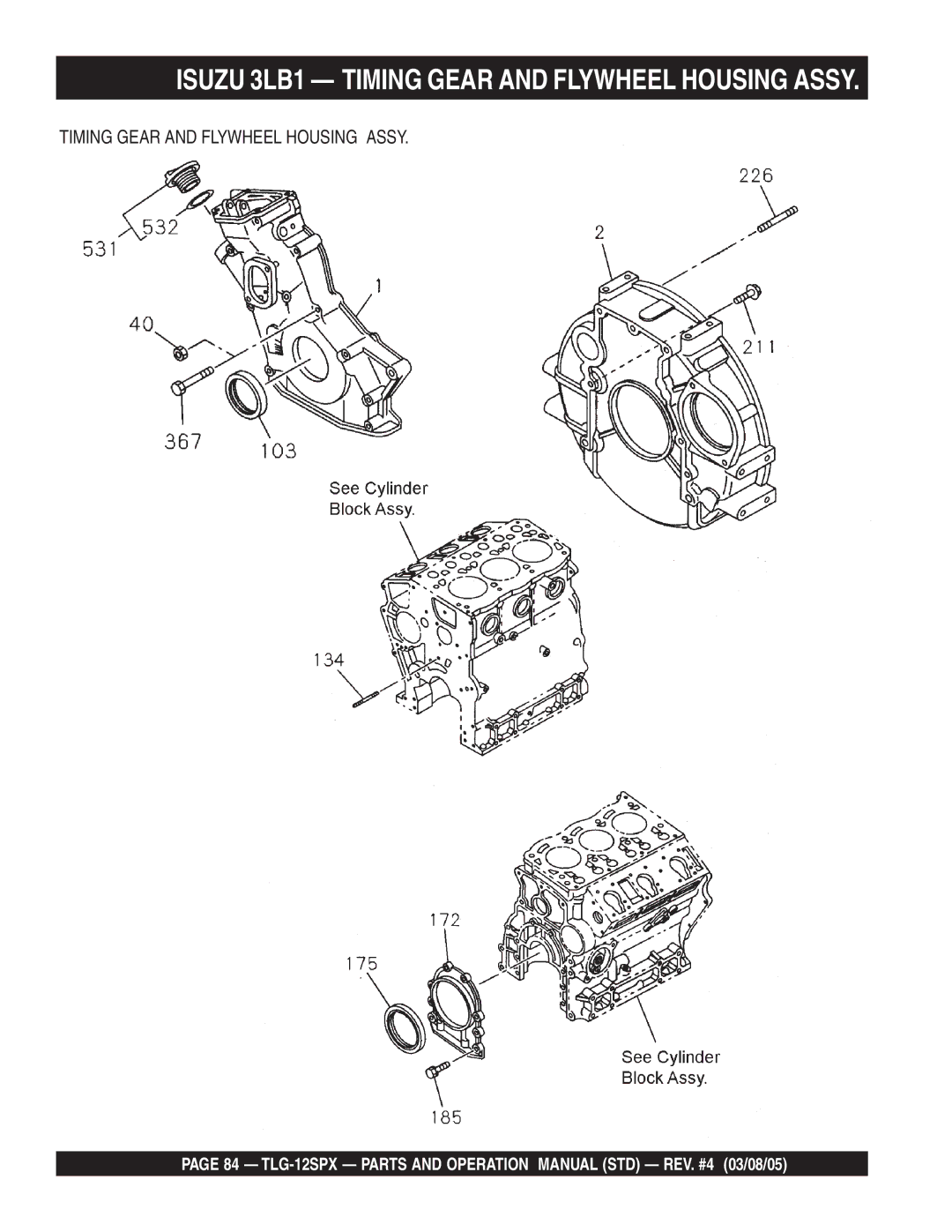 Multiquip TLG-12SPX operation manual Isuzu 3LB1 Timing Gear and Flywheel Housing Assy 