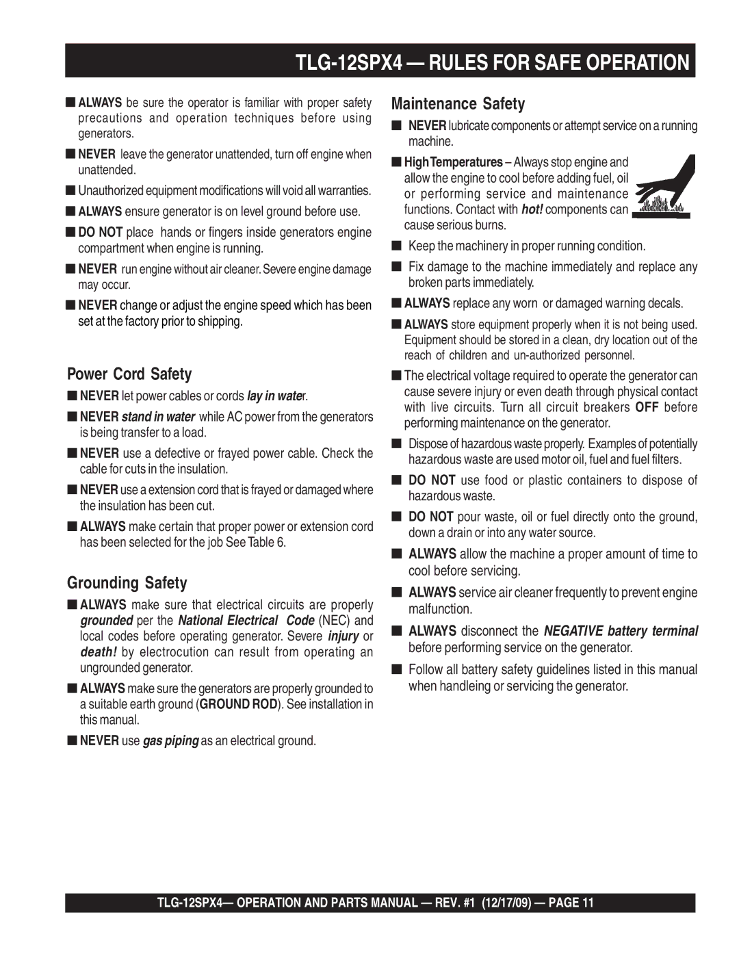 Multiquip operation manual TLG-12SPX4 Rules for Safe Operation 