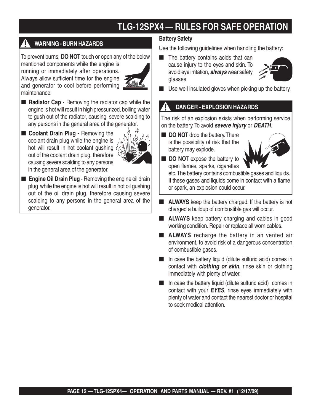 Multiquip operation manual TLG-12SPX4 Rules for Safe Operation, Battery Safety 