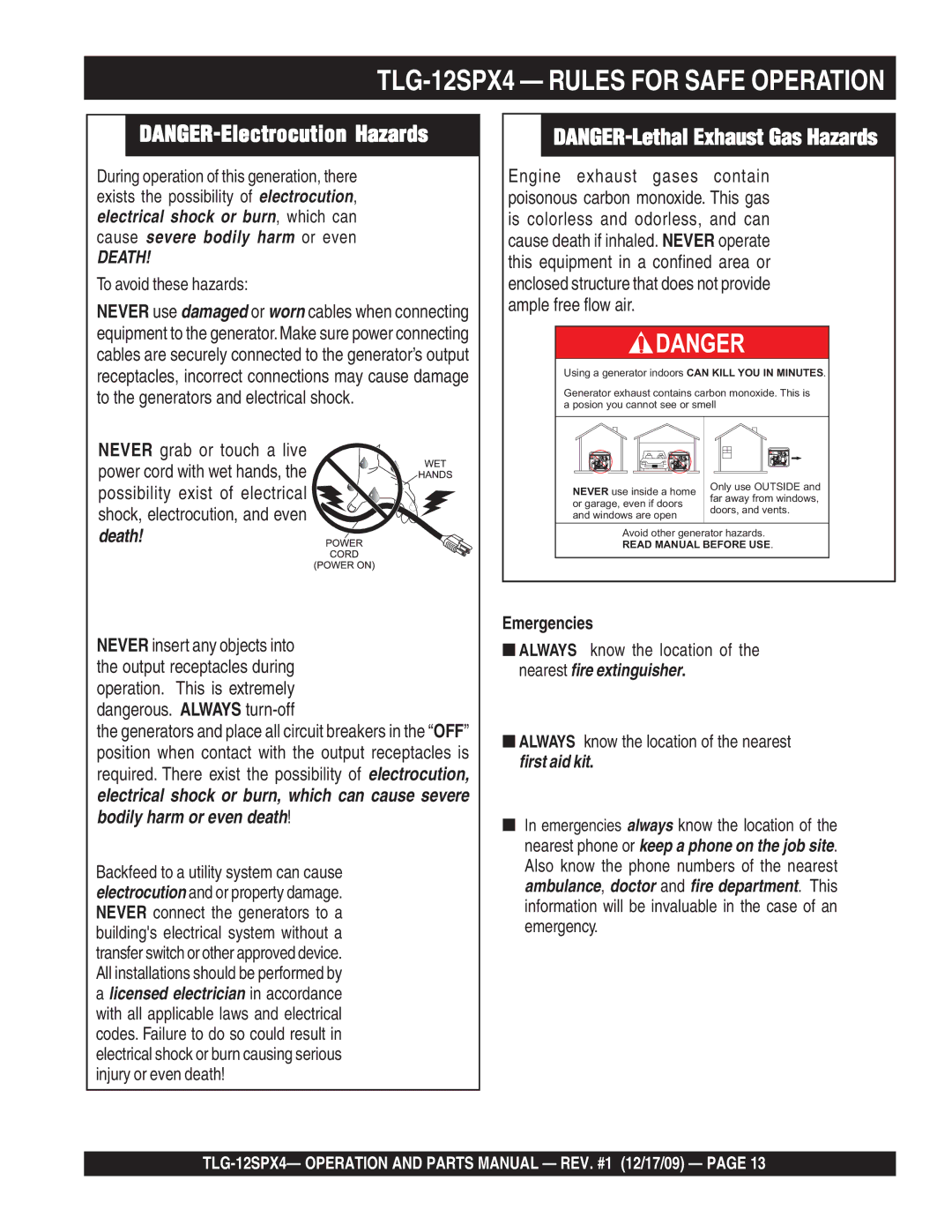 Multiquip TLG-12SPX4 operation manual Death 