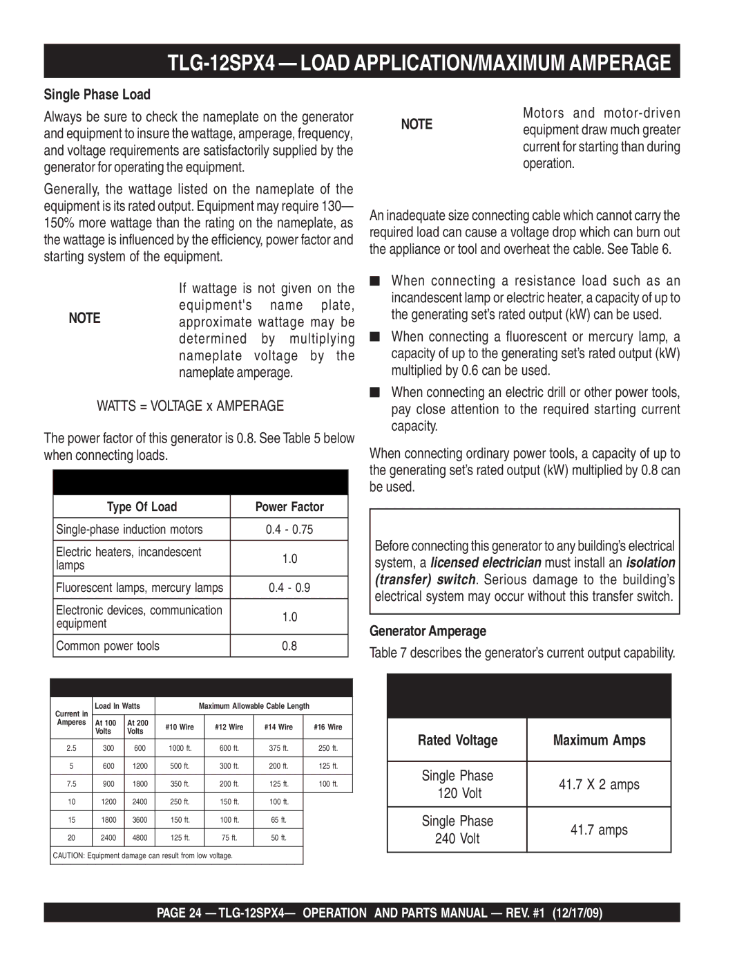 Multiquip operation manual TLG-12SPX4 Load APPLICATION/MAXIMUM Amperage, Single Phase Load, Generator Amperage 