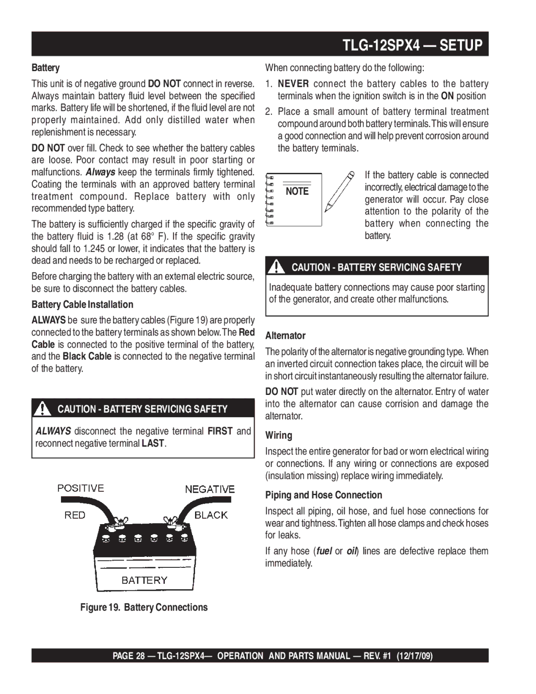 Multiquip TLG-12SPX4 operation manual Battery Cable Installation, Alternator, Wiring, Piping and Hose Connection 