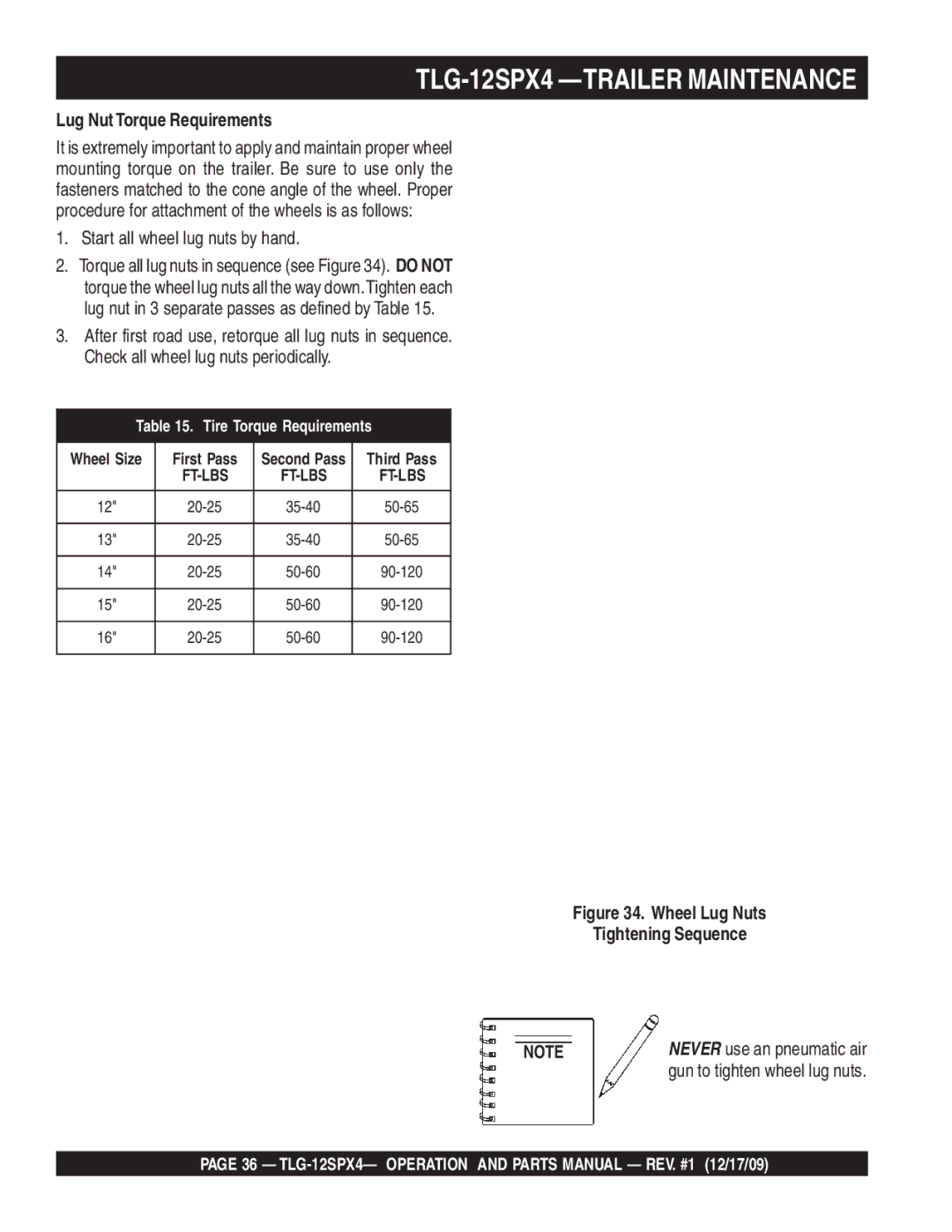 Multiquip TLG-12SPX4 -TRAILER Maintenance, Lug Nut Torque Requirements, Start all wheel lug nuts by hand 