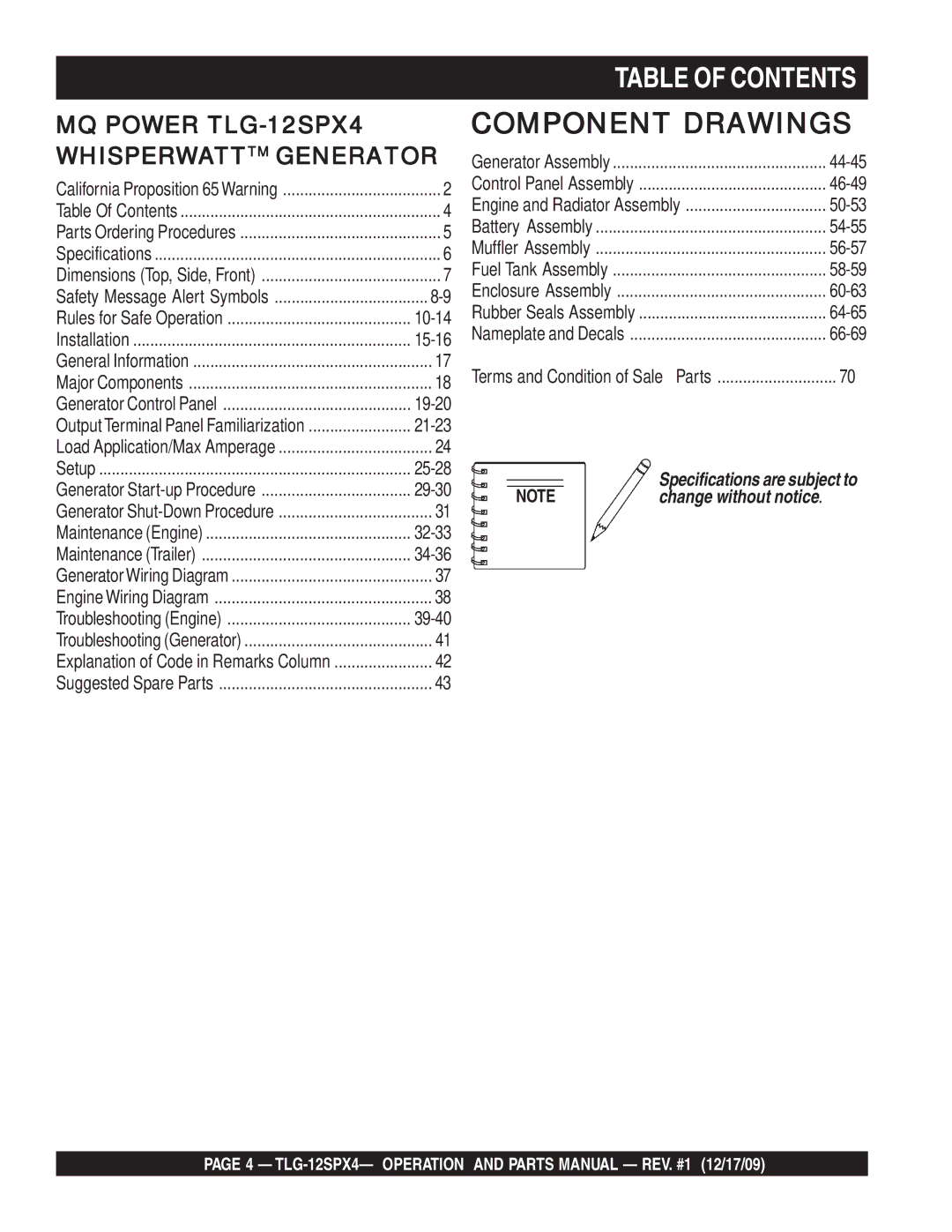 Multiquip TLG-12SPX4 operation manual Table of Contents 