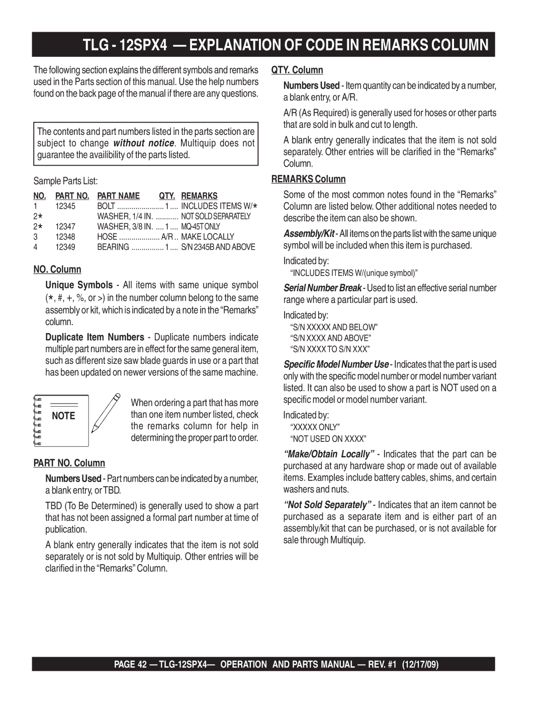 Multiquip TLG-12SPX4 operation manual TLG 12SPX4 Explanation of Code in Remarks Column, Sample Parts List 