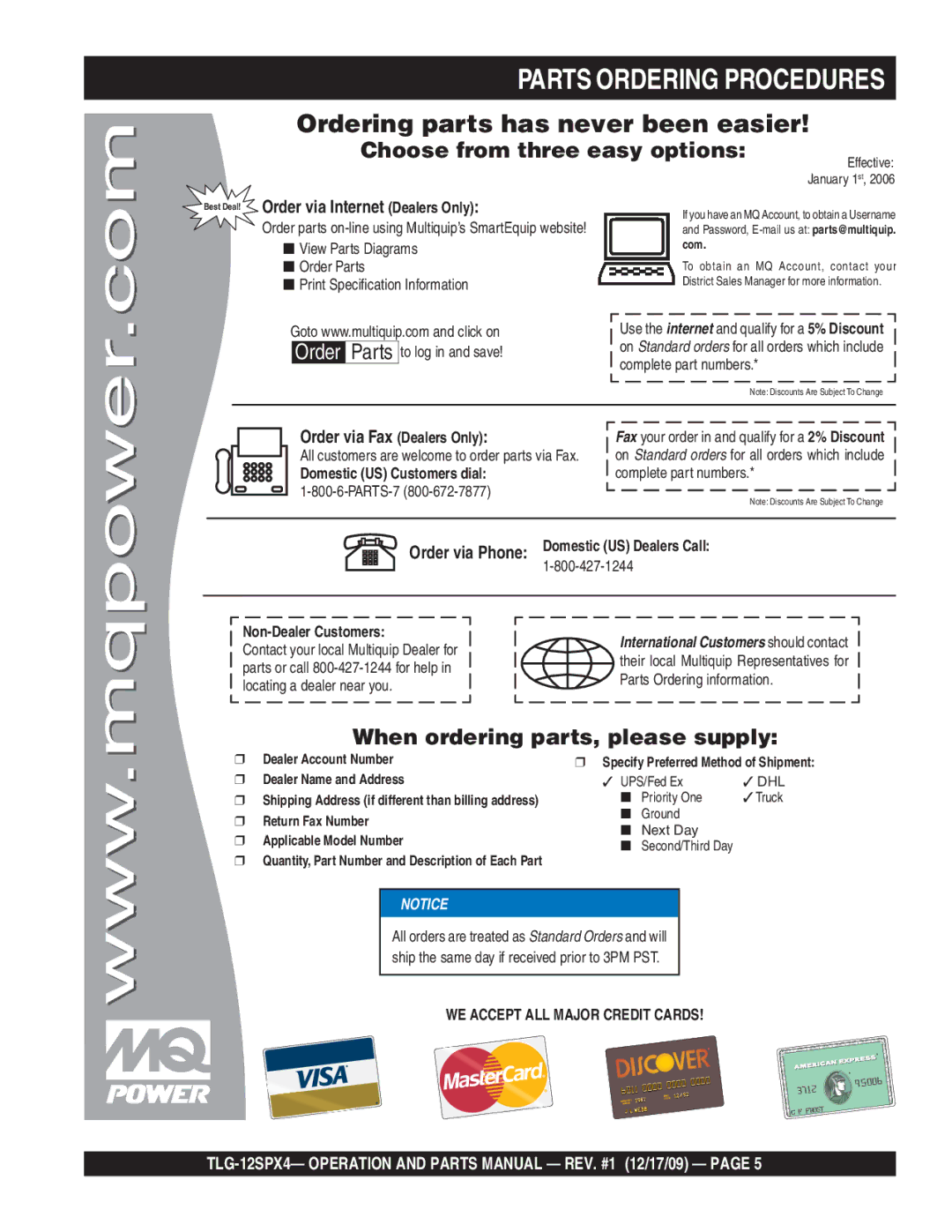 Multiquip TLG-12SPX4 operation manual Parts Ordering Procedures, Ordering parts has never been easier 