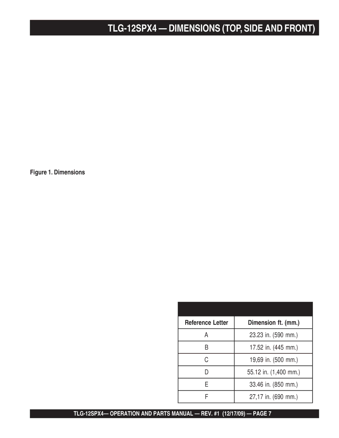 Multiquip TLG-12SPX4 operation manual Dimensions, Dimension ft. mm 