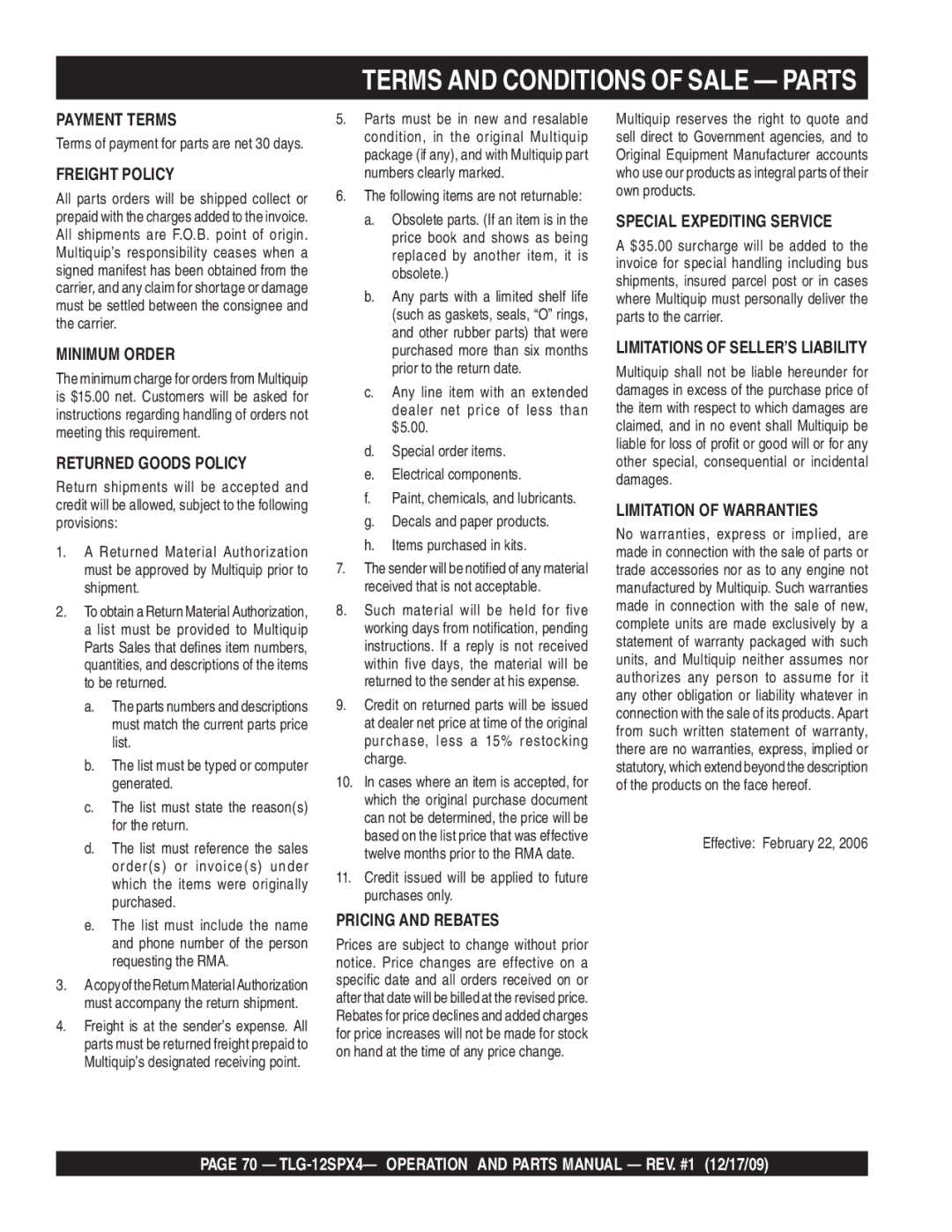 Multiquip TLG-12SPX4 operation manual Terms and Conditions of Sale Parts, Freight Policy 