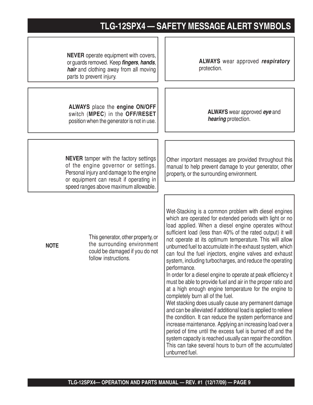 Multiquip operation manual TLG-12SPX4 Safety Message Alert Symbols 