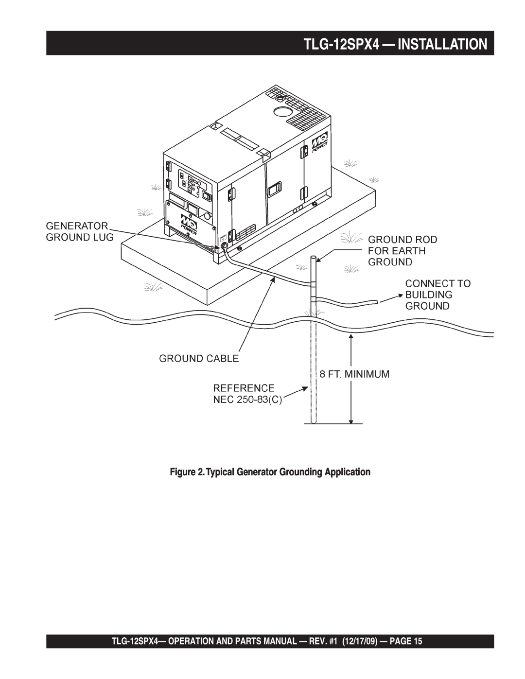 Multiquip operation manual TLG-12SPX4- INSTALLATION, Typical Generator Grounding Application 