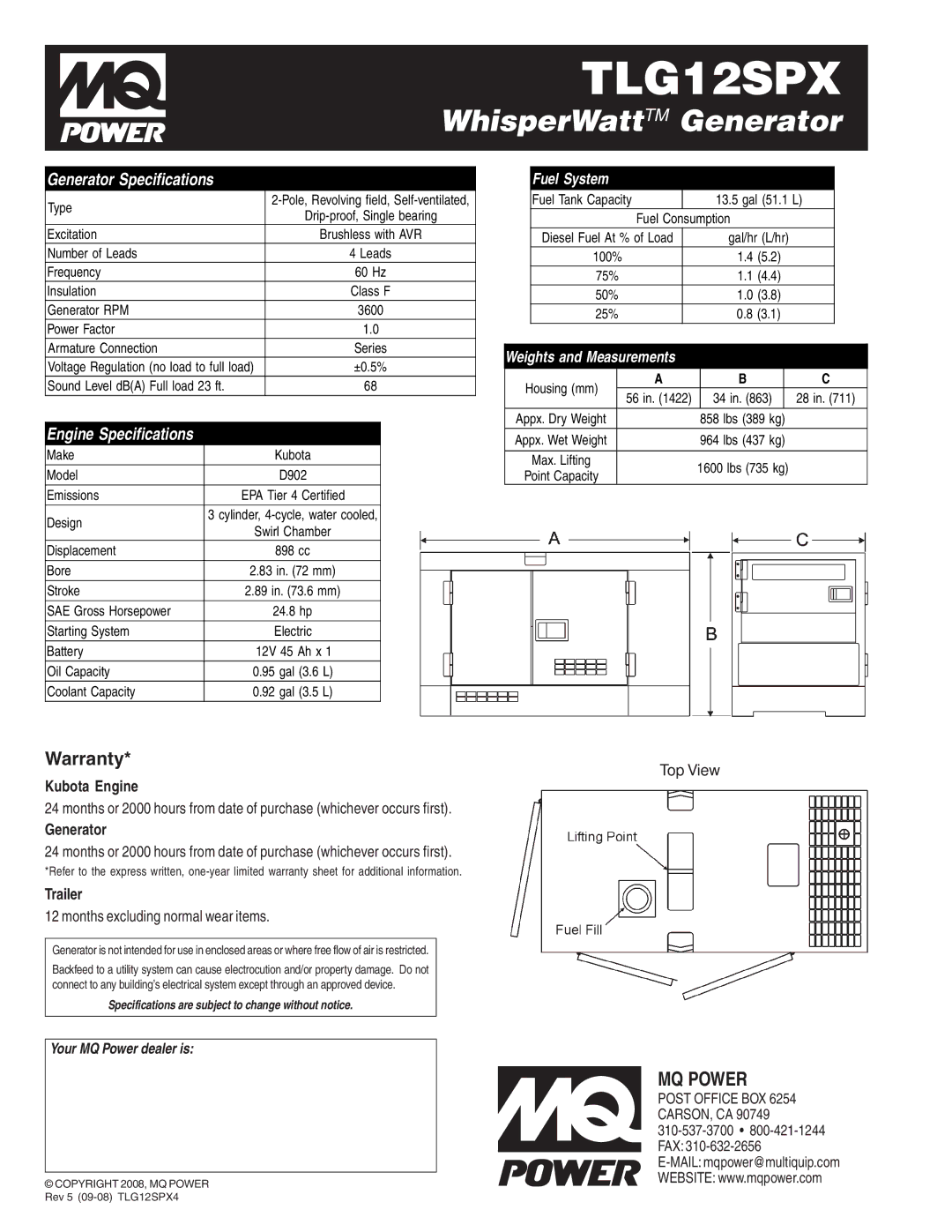 Multiquip TLG12SPX manual Generator Specifications, Engine Specifications, Kubota Engine, Trailer 