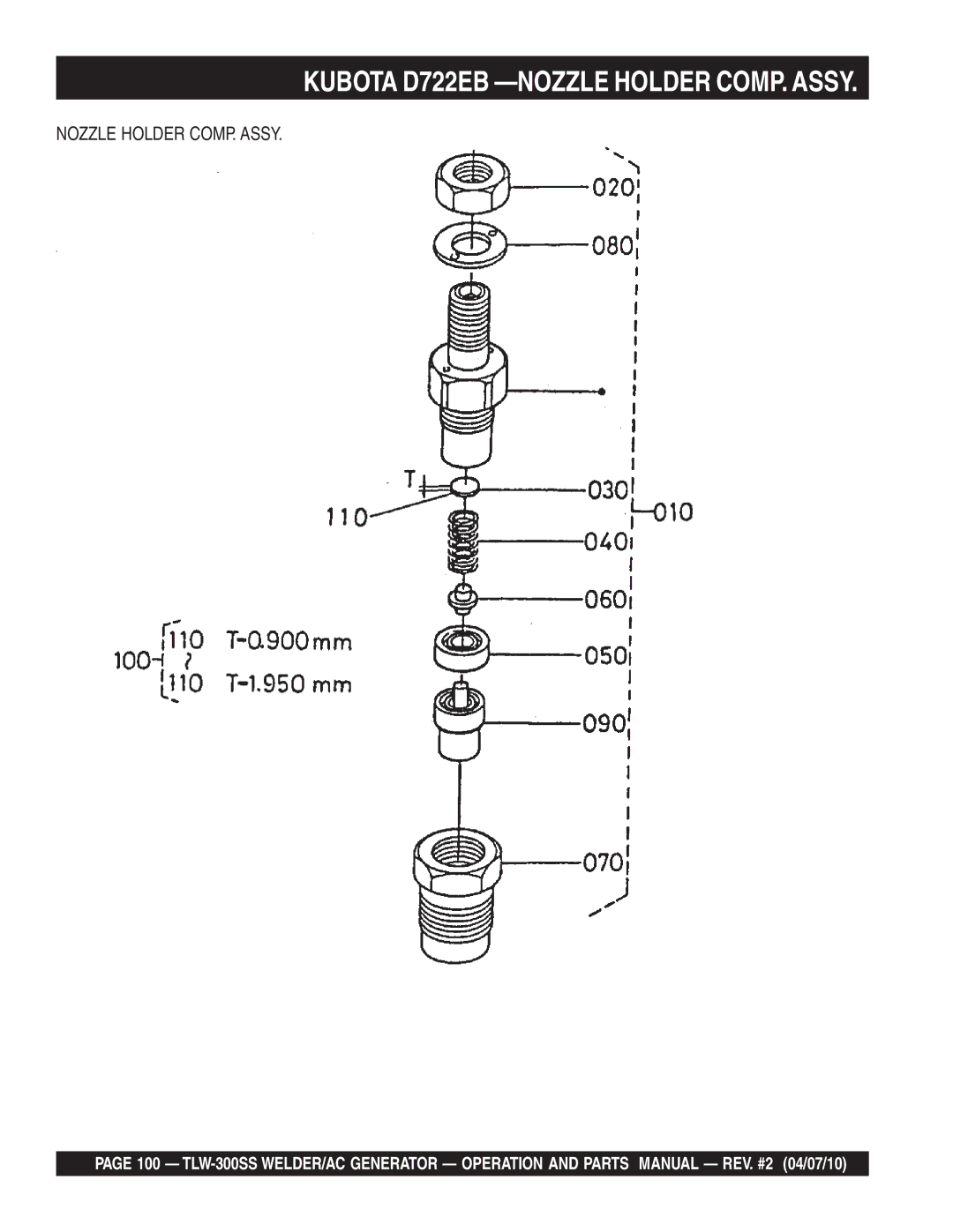 Multiquip TLW-300SS operation manual Kubota D722EB -NOZZLE Holder COMP. Assy, Nozzle Holder COMP. Assy 