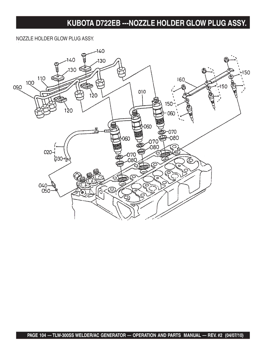 Multiquip TLW-300SS operation manual Kubota D722EB ---NOZZLE Holder Glow Plug Assy, Nozzle Holder Glow Plug Assy 