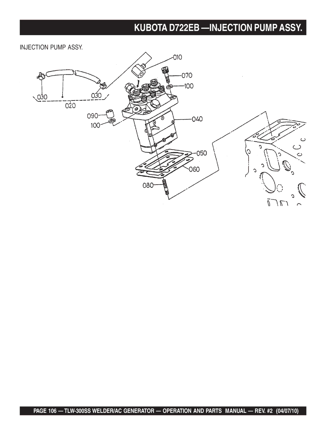 Multiquip TLW-300SS operation manual Kubota D722EB -INJECTION Pump Assy, Injection Pump Assy 