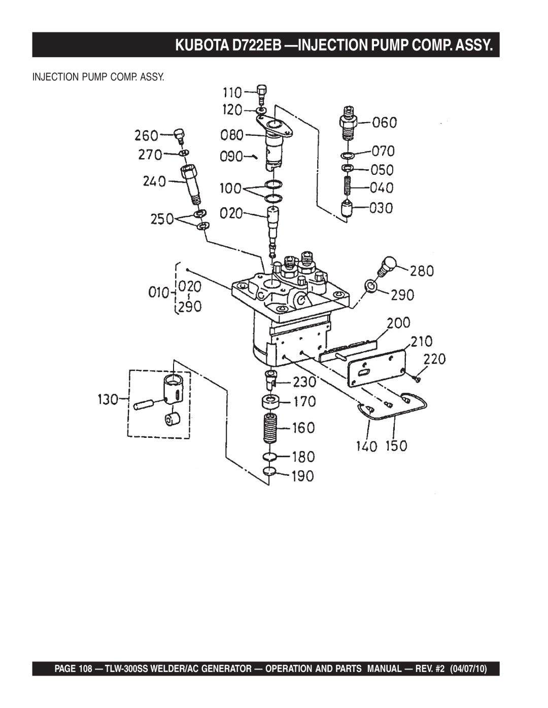 Multiquip TLW-300SS operation manual Kubota D722EB -INJECTION Pump COMP. Assy, Injection Pump COMP. Assy 