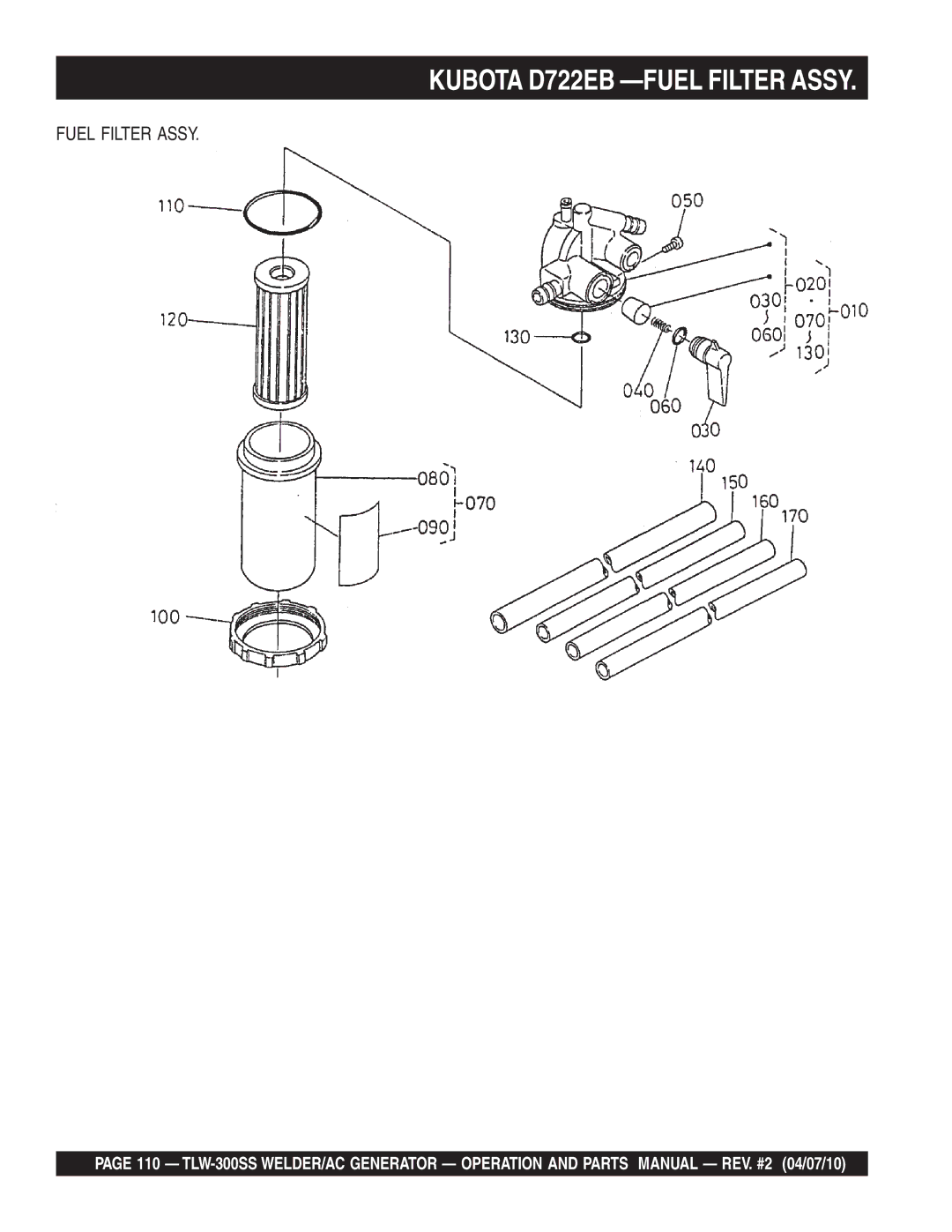 Multiquip TLW-300SS operation manual Kubota D722EB -FUEL Filter Assy, Fuel Filter Assy 