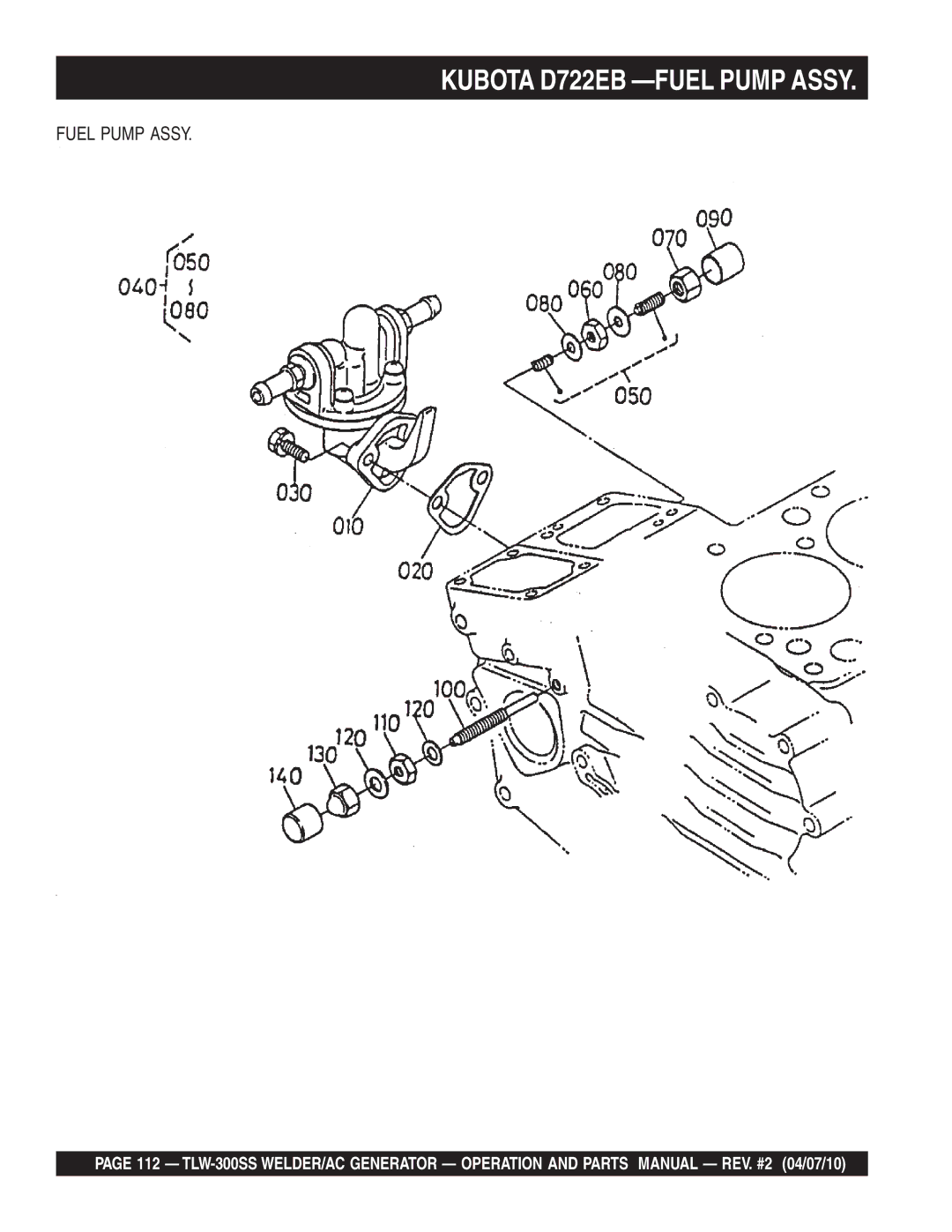 Multiquip TLW-300SS operation manual Kubota D722EB -FUEL Pump Assy, Fuel Pump Assy 