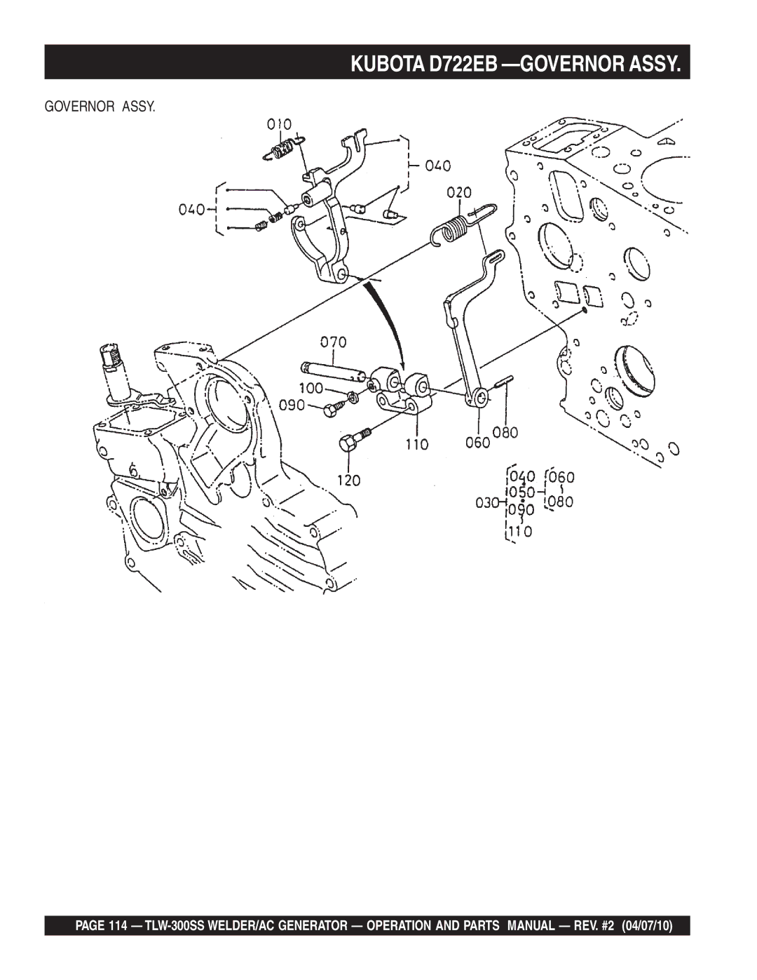 Multiquip TLW-300SS operation manual Kubota D722EB -GOVERNOR Assy, Governor Assy 