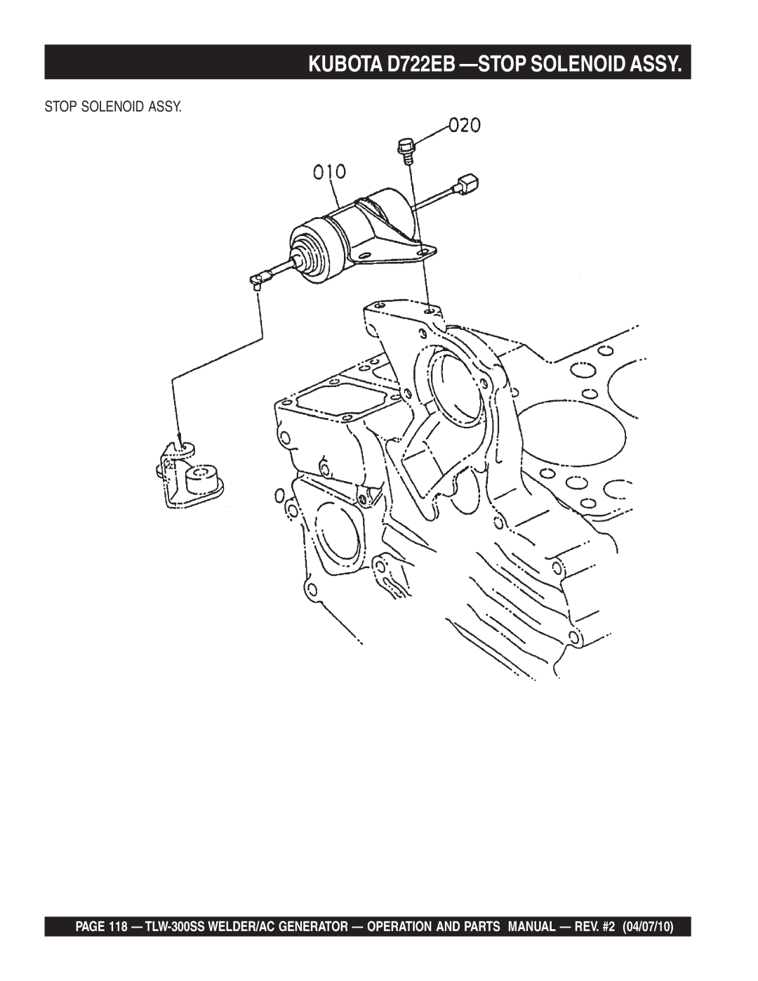 Multiquip TLW-300SS operation manual Kubota D722EB -STOP Solenoid Assy, Stop Solenoid Assy 