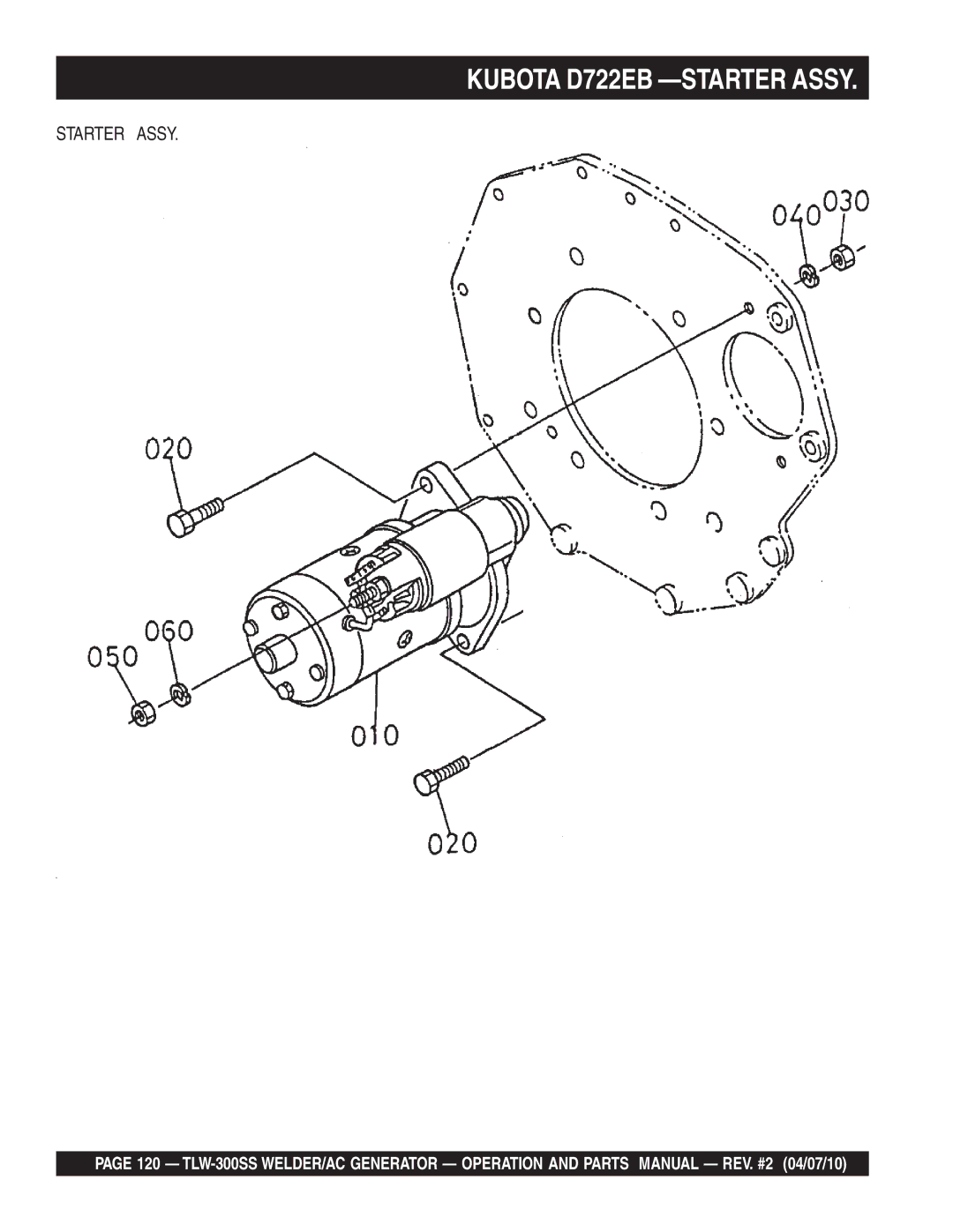 Multiquip TLW-300SS operation manual Kubota D722EB -STARTER Assy, Starter Assy 