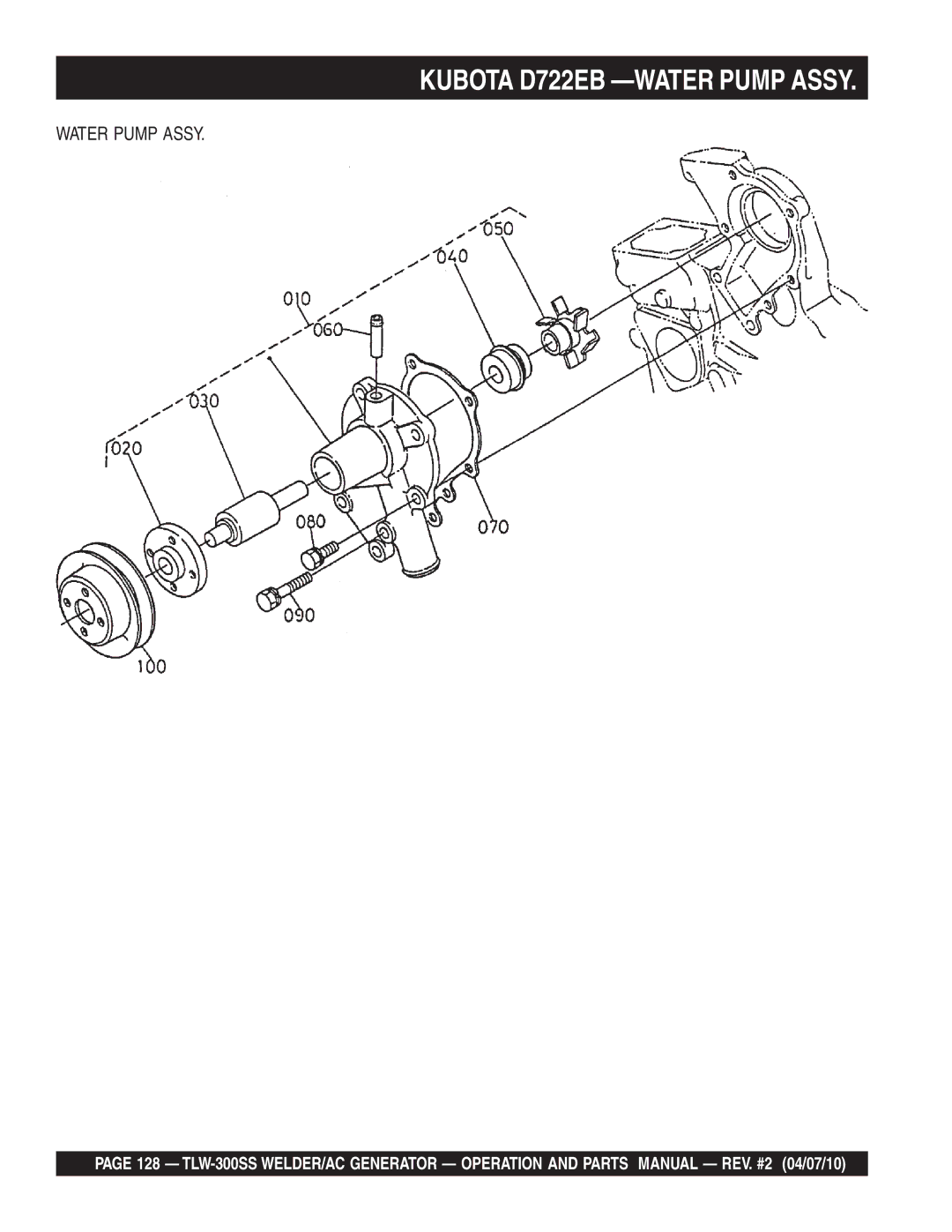 Multiquip TLW-300SS operation manual Kubota D722EB -WATER Pump Assy, Water Pump Assy 