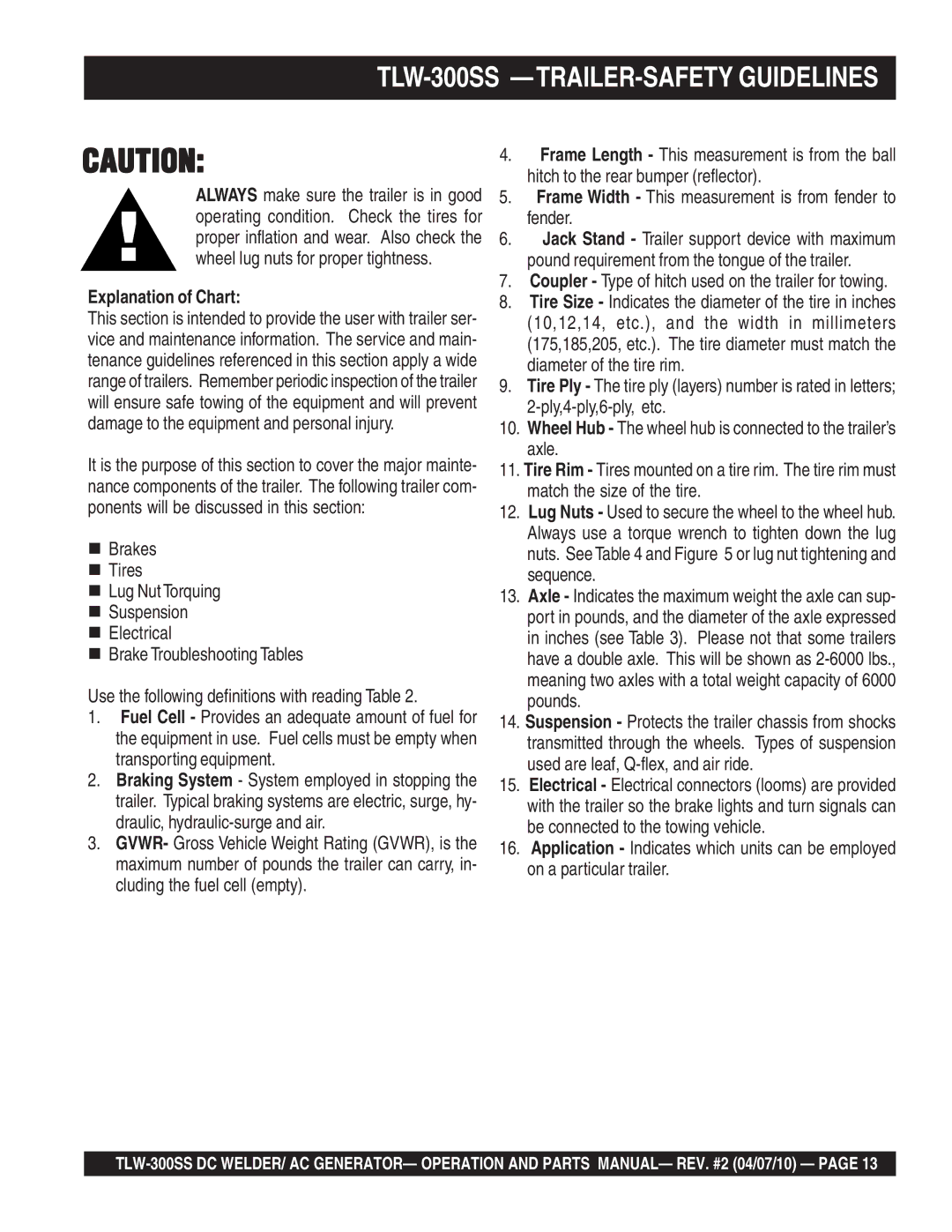 Multiquip operation manual TLW-300SS -TRAILER-SAFETY Guidelines, Explanation of Chart 