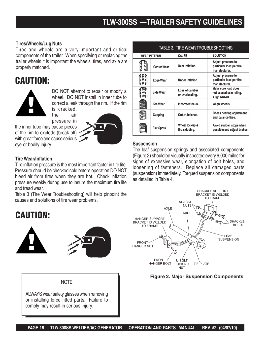 Multiquip TLW-300SS operation manual Tires/Wheels/Lug Nuts, Tire Wear/Inflation, Suspension 