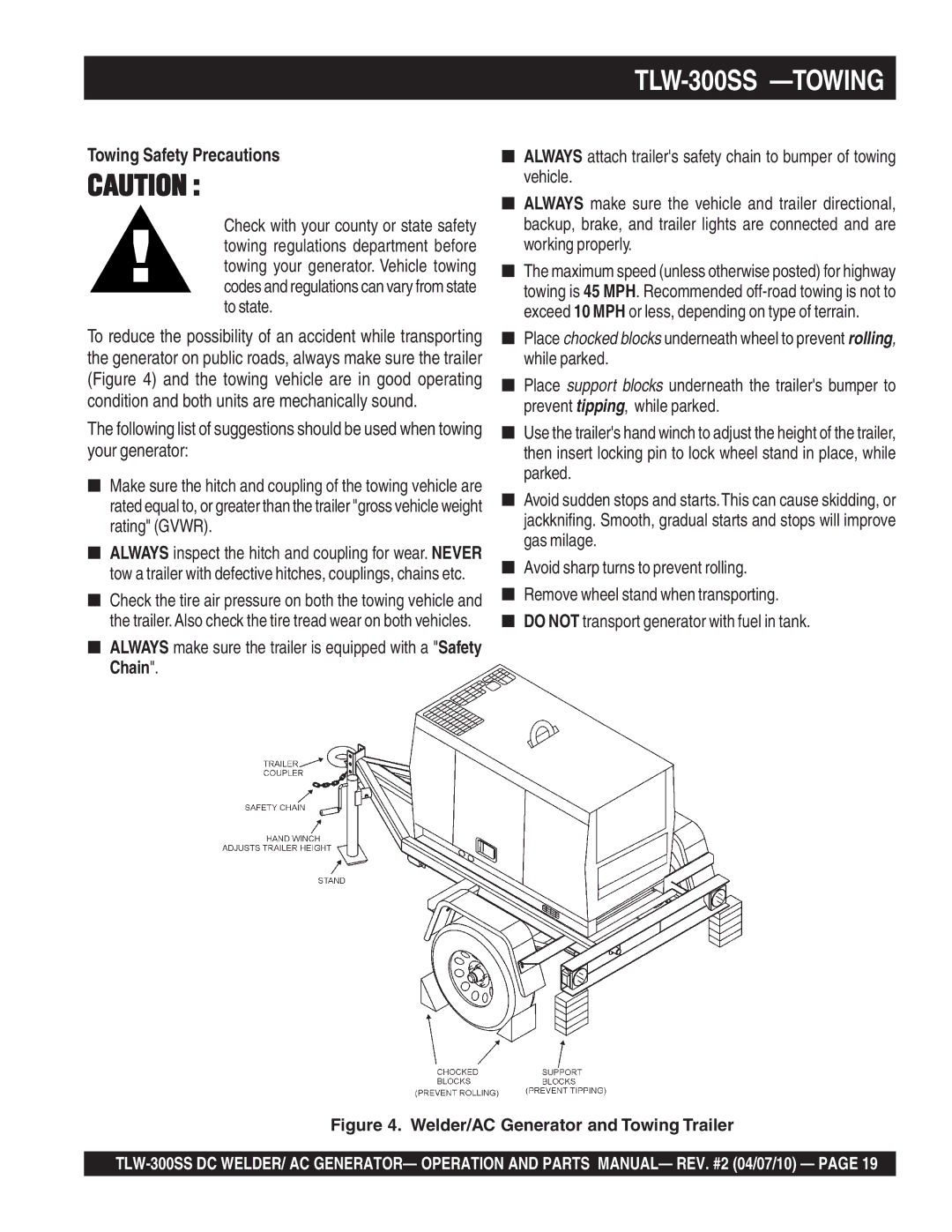 Multiquip operation manual TLW-300SS -TOWING, Towing Safety Precautions 