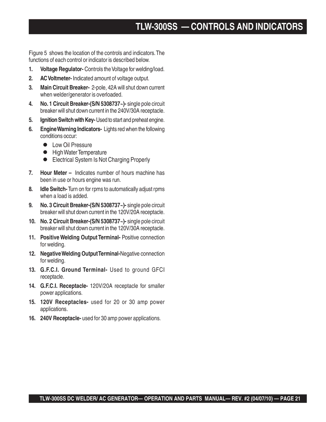 Multiquip operation manual TLW-300SS Controls and Indicators 