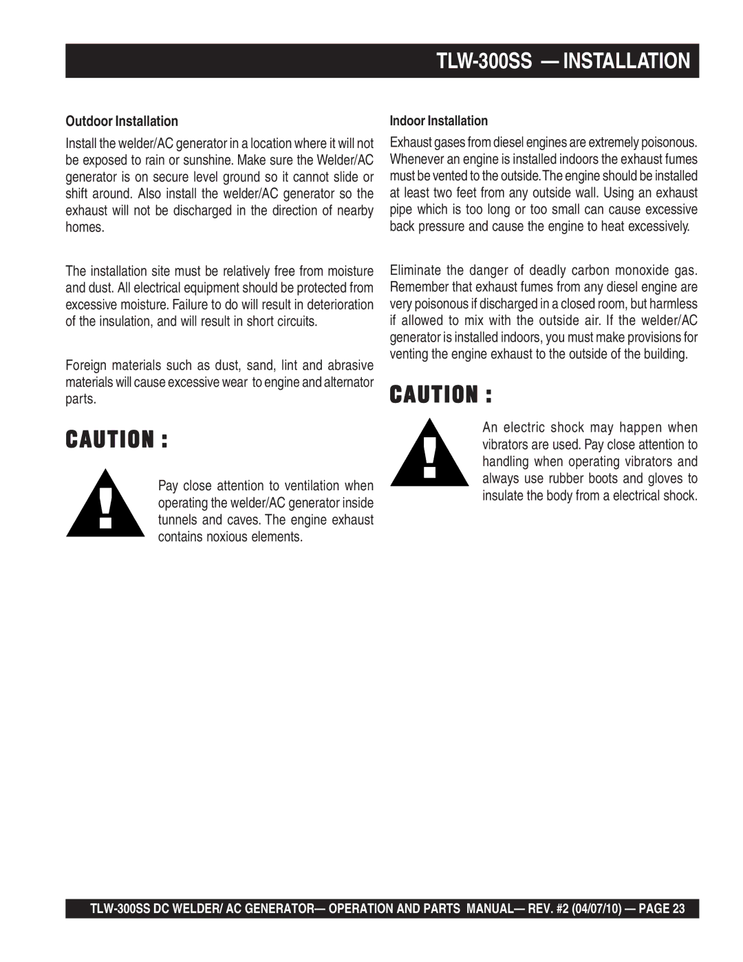 Multiquip operation manual TLW-300SS Installation, Outdoor Installation 