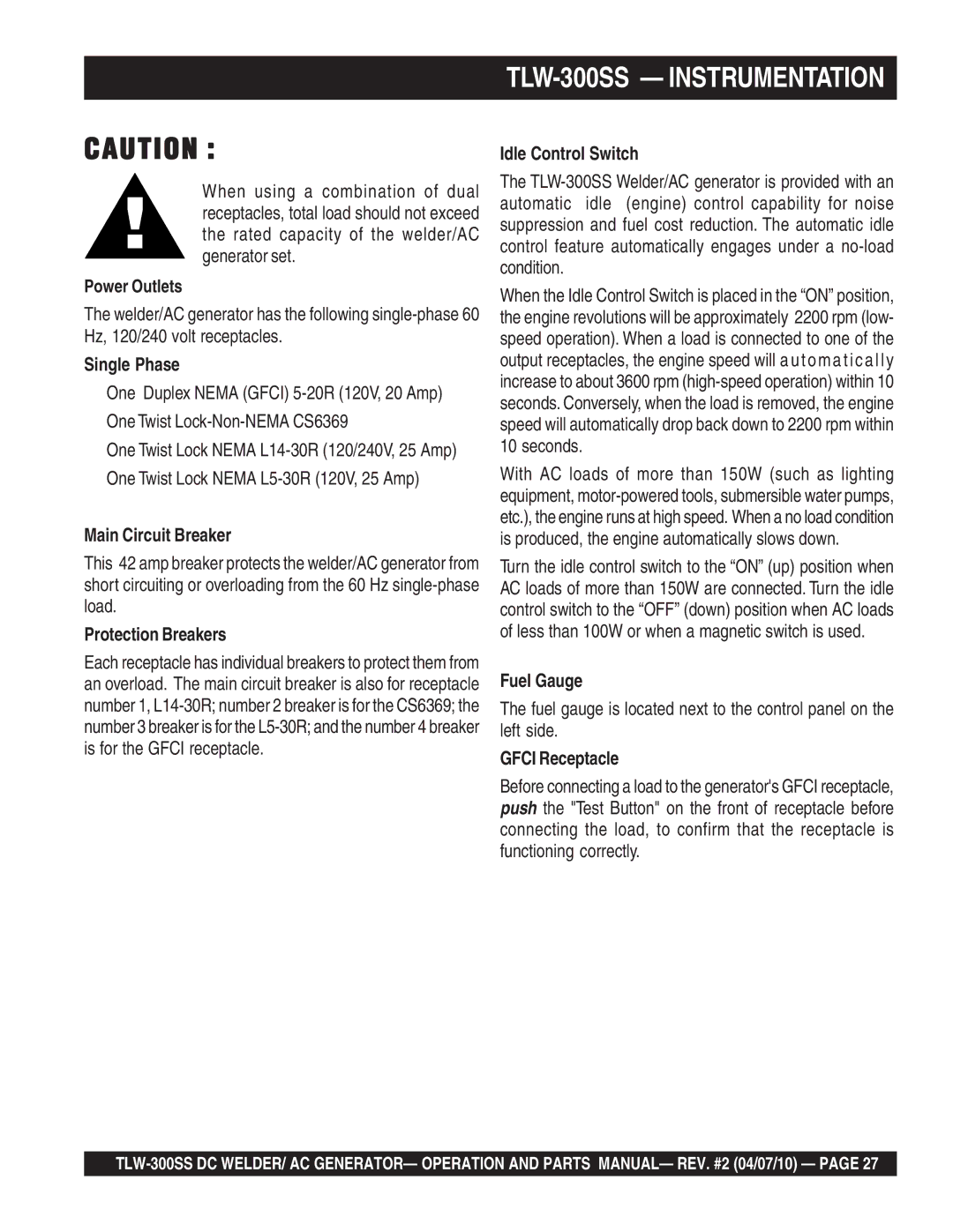 Multiquip operation manual TLW-300SS Instrumentation 