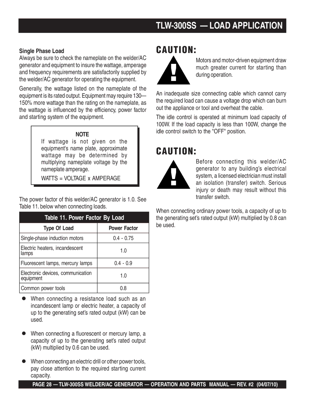 Multiquip operation manual TLW-300SS Load Application, Single Phase Load 