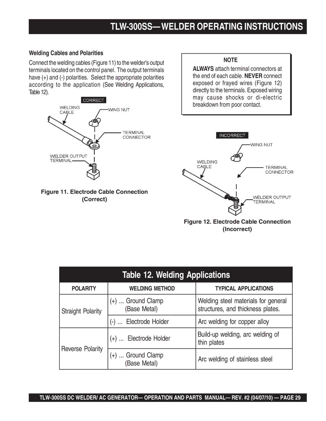 Multiquip operation manual TLW-300SS-WELDER Operating Instructions, Welding Cables and Polarities 