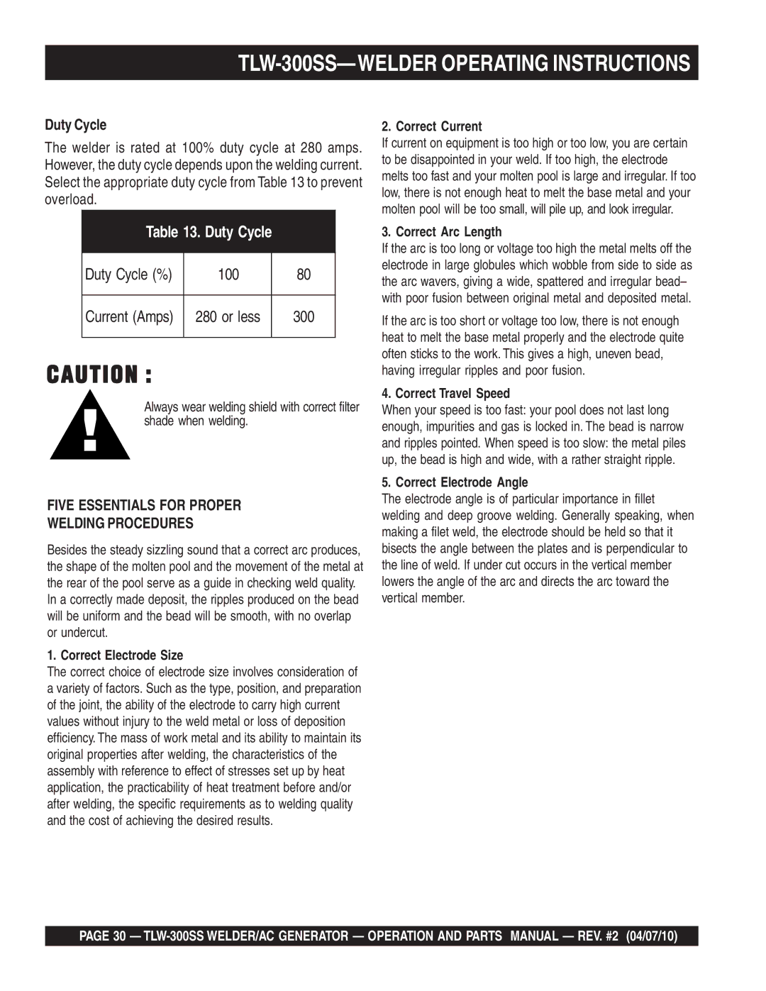 Multiquip operation manual TLW-300SS-WELDER Operating Instructions, Duty Cycle 