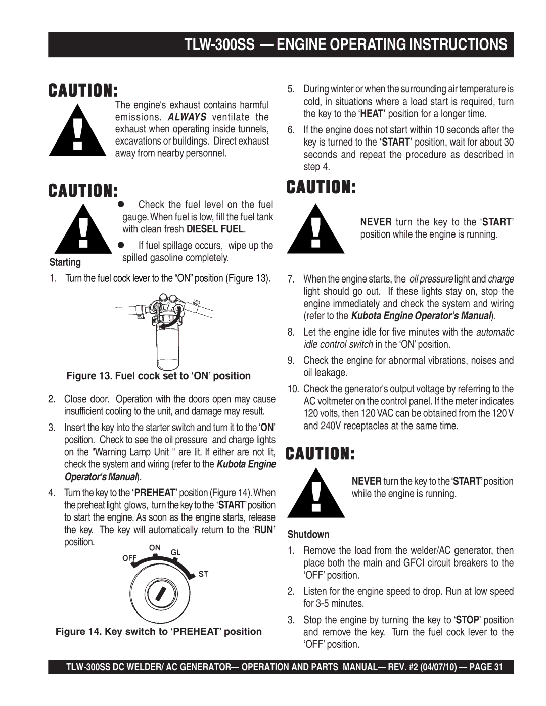 Multiquip TLW-300SS operation manual Starting, Shutdown 