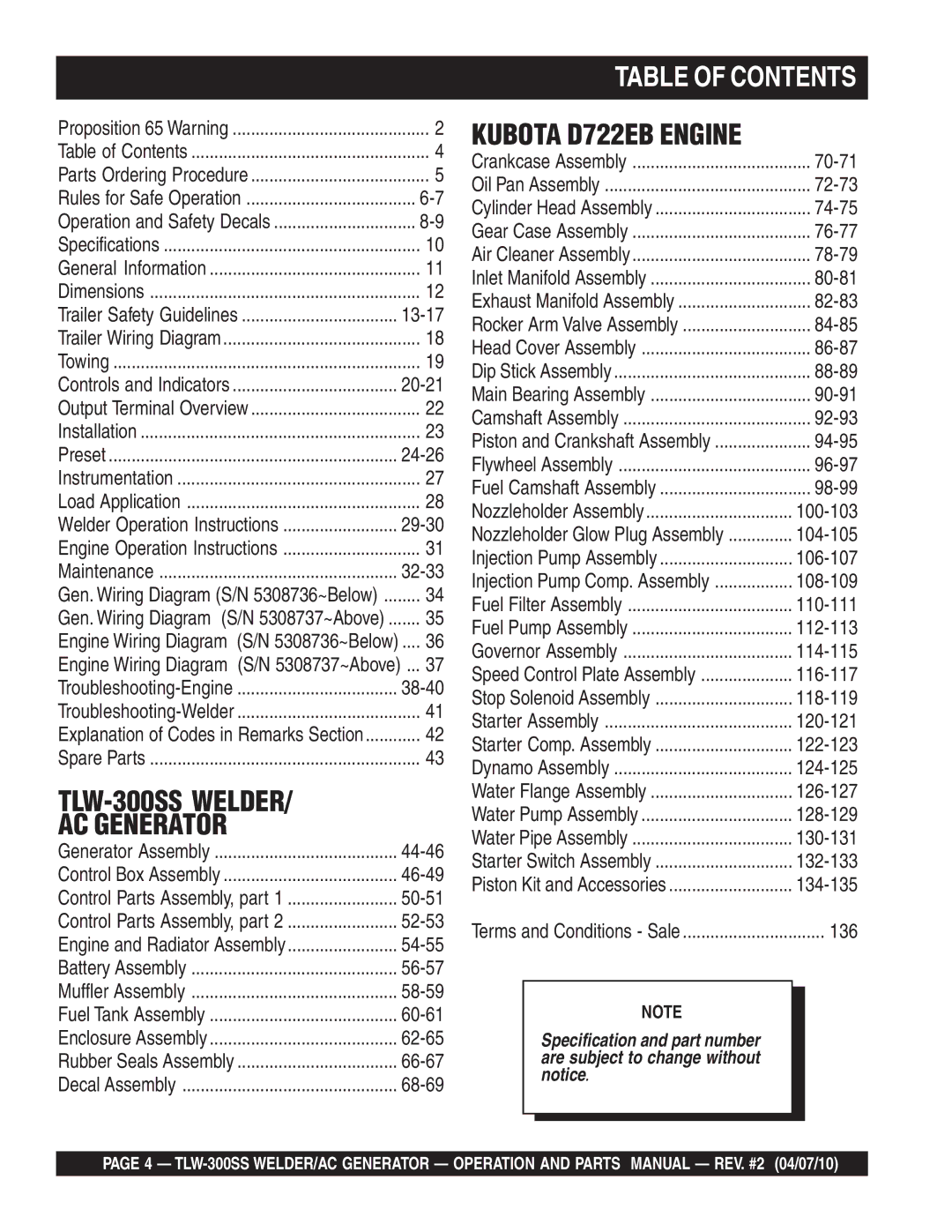 Multiquip TLW-300SS operation manual Table of Contents 